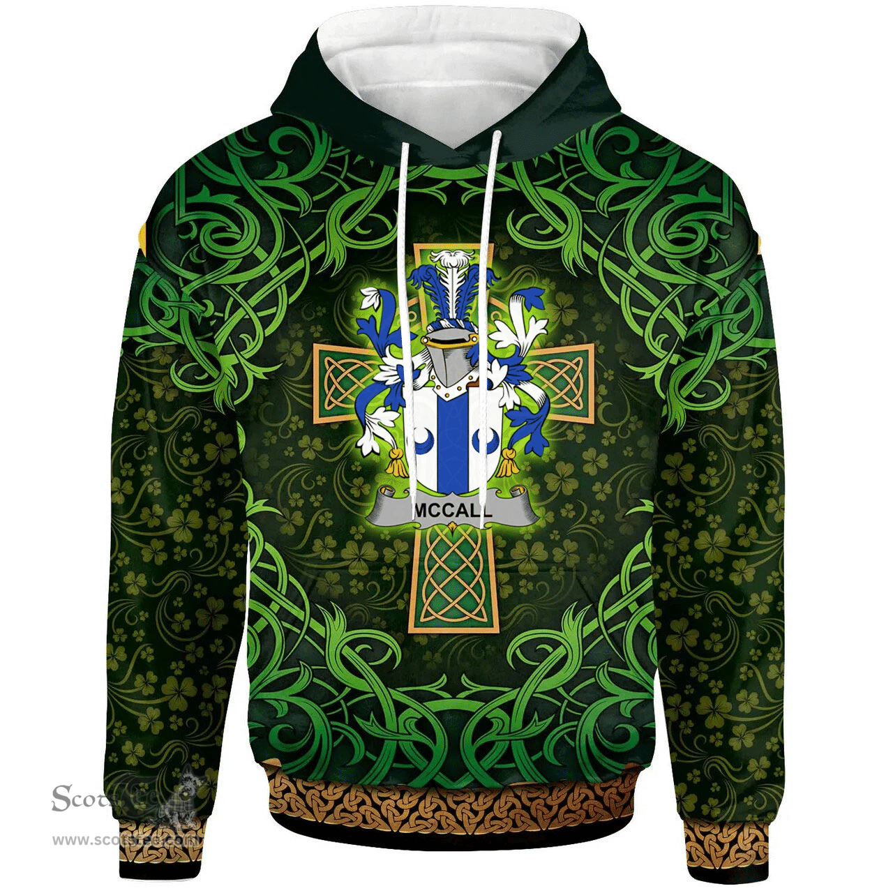 ScotsTee Shop Irish McCall Coat of Arms Family Crest Ireland Hoodie Celtic Cross Shamrock Patterns
