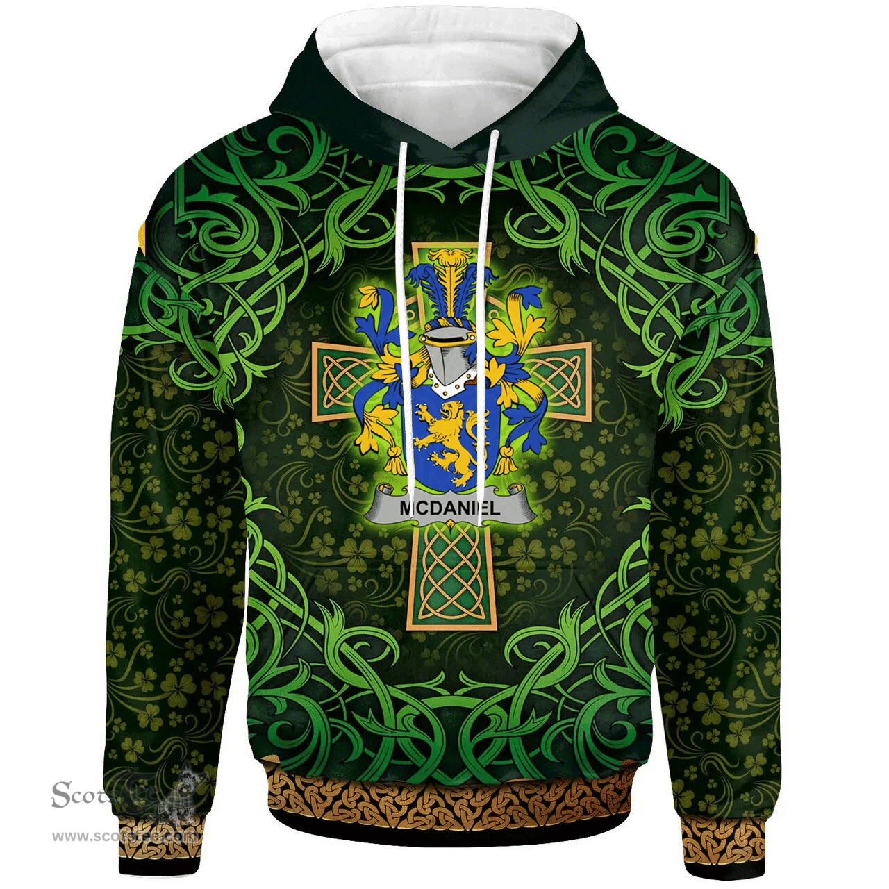 ScotsTee Shop Irish McDaniel or Daniel Coat of Arms Family Crest Ireland Hoodie Celtic Cross Shamrock Patterns