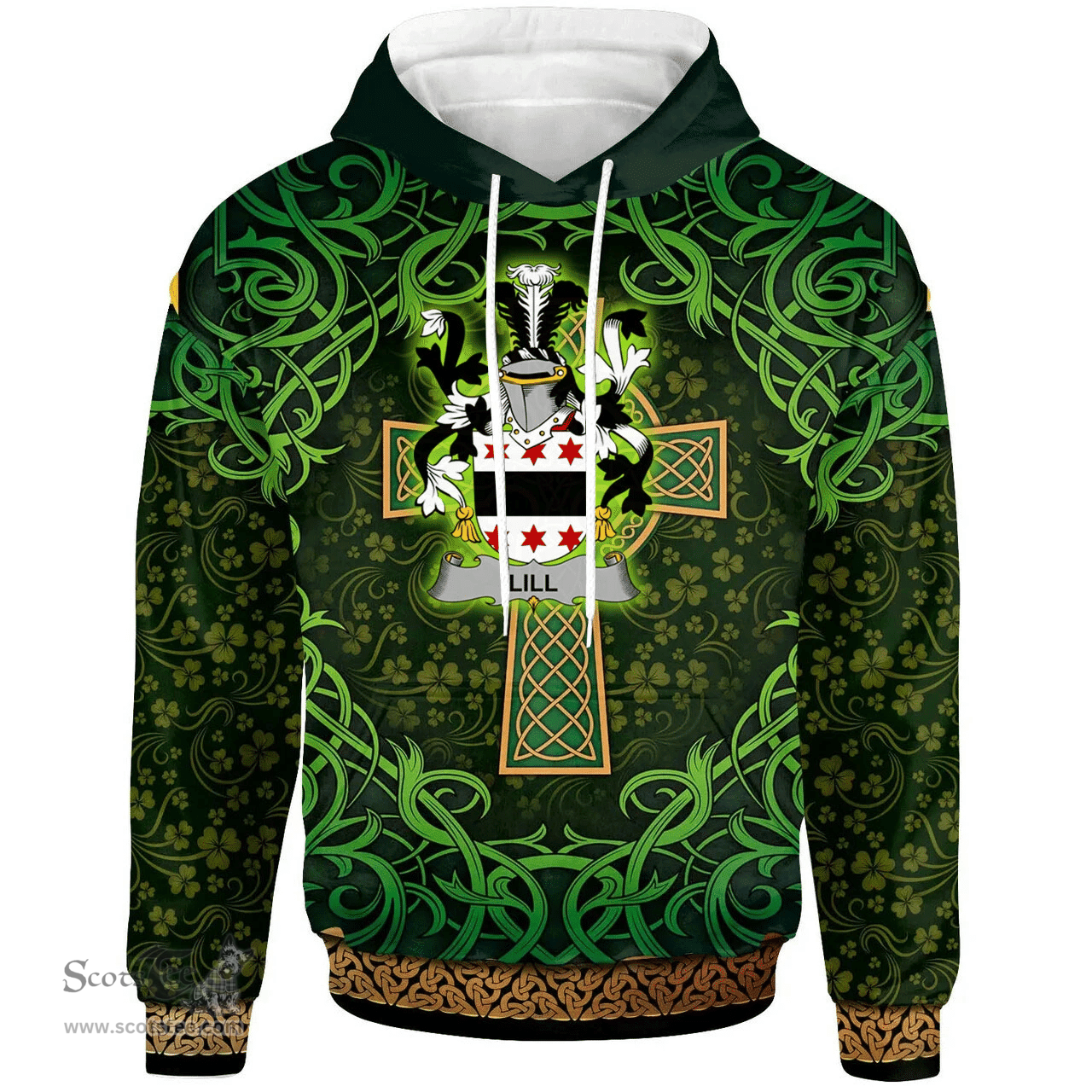 ScotsTee Shop Irish Lill Coat of Arms Family Crest Ireland Hoodie Celtic Cross Shamrock Patterns