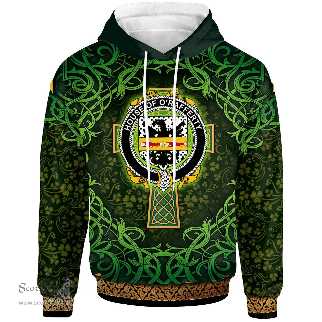 ScotsTee Shop Irish House of O'RAFFERTY Coat of Arms Family Crest Ireland Hoodie Celtic Cross Shamrock Patterns