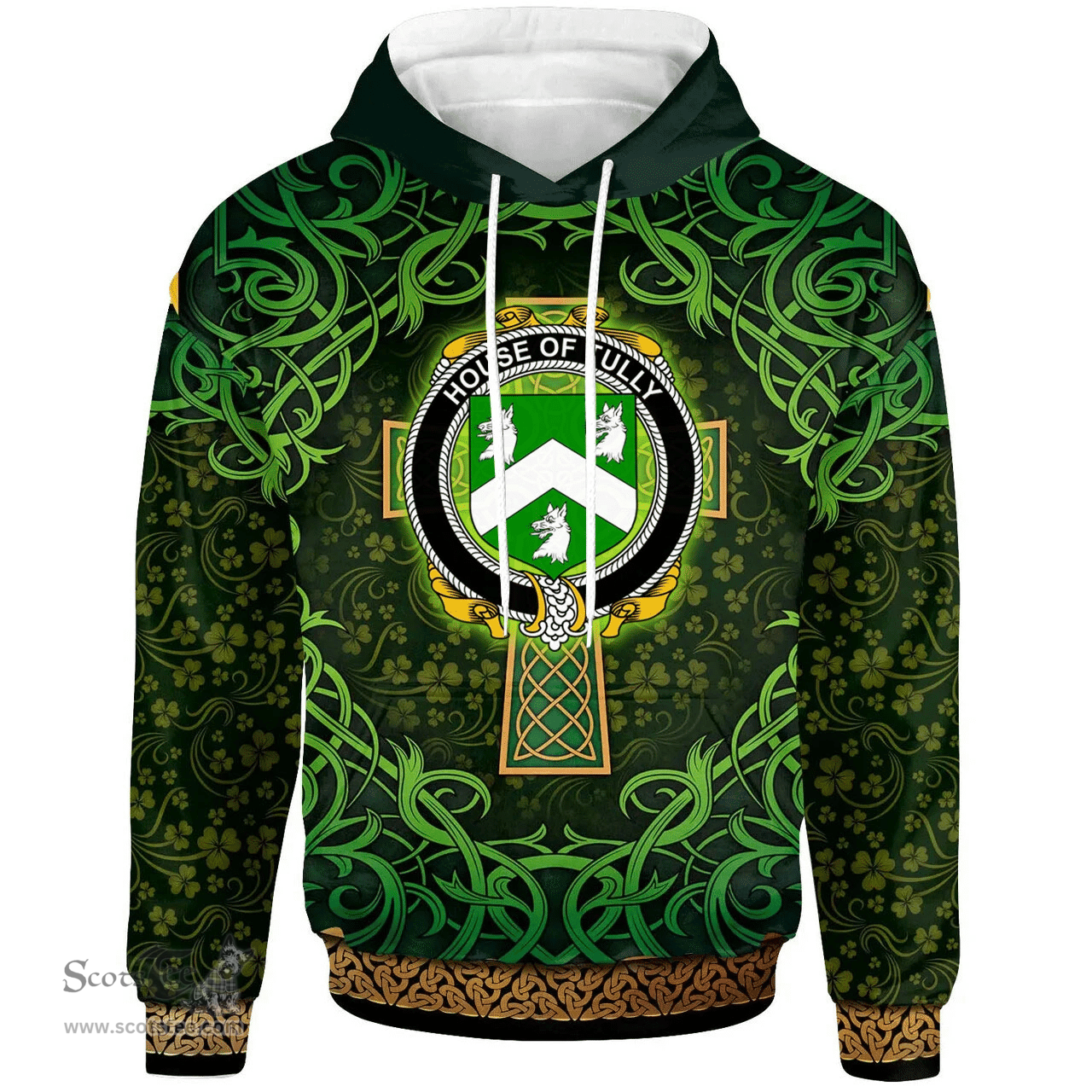 ScotsTee Shop Irish House of TULLY (MACATILLA)) Coat of Arms Family Crest Ireland Hoodie Celtic Cross Shamrock Patterns
