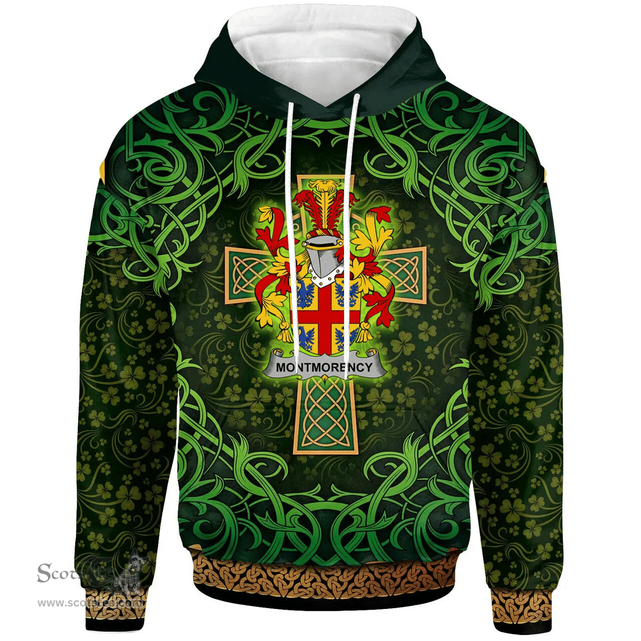 ScotsTee Shop Irish Montmorency Coat of Arms Family Crest Ireland Hoodie Celtic Cross Shamrock Patterns