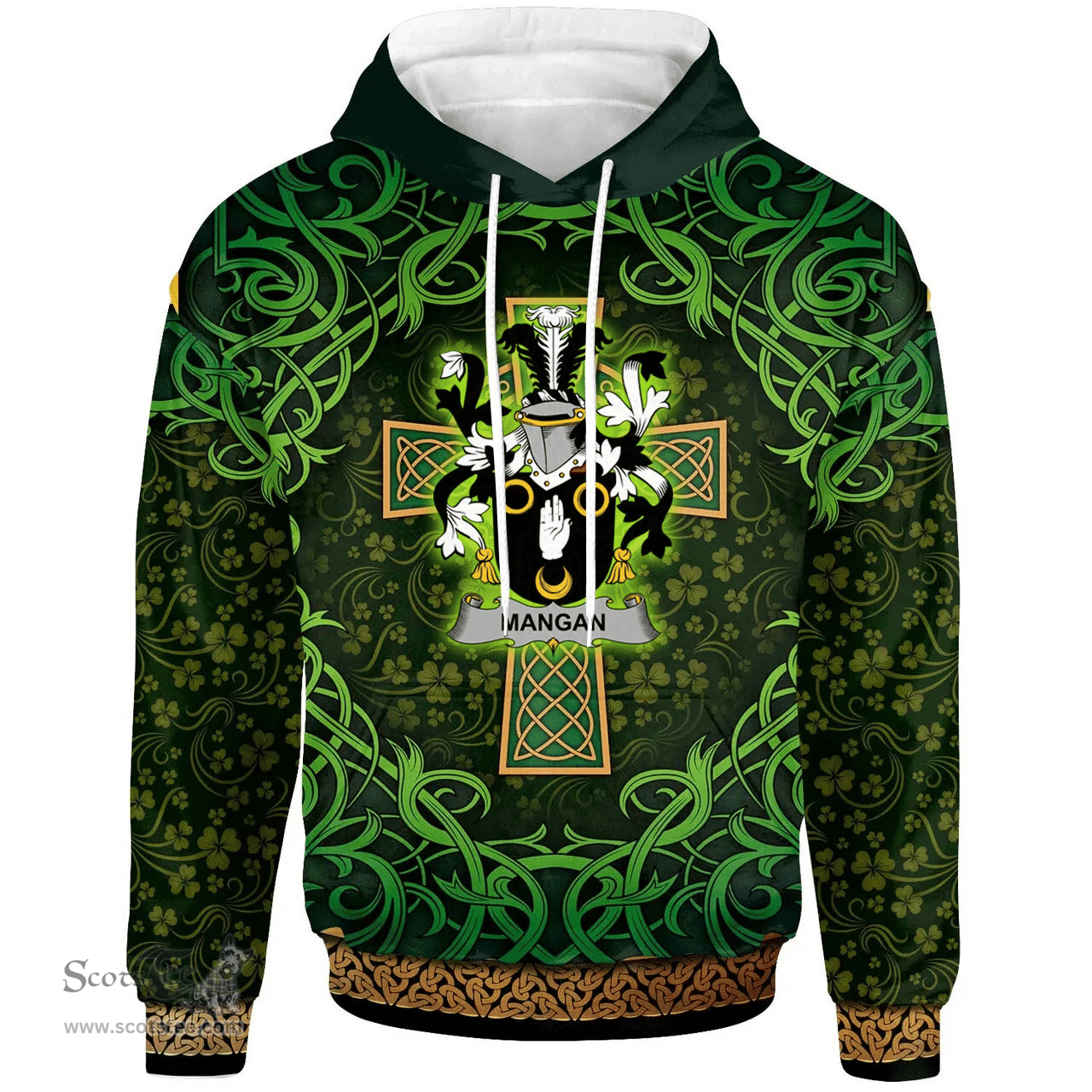 ScotsTee Shop Irish Mangan or O'Mangan Coat of Arms Family Crest Ireland Hoodie Celtic Cross Shamrock Patterns