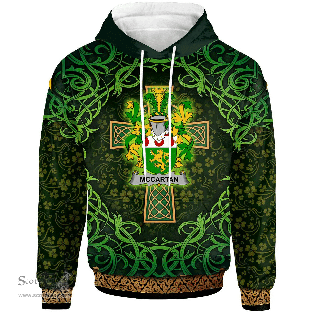ScotsTee Shop Irish McCartan Coat of Arms Family Crest Ireland Hoodie Celtic Cross Shamrock Patterns