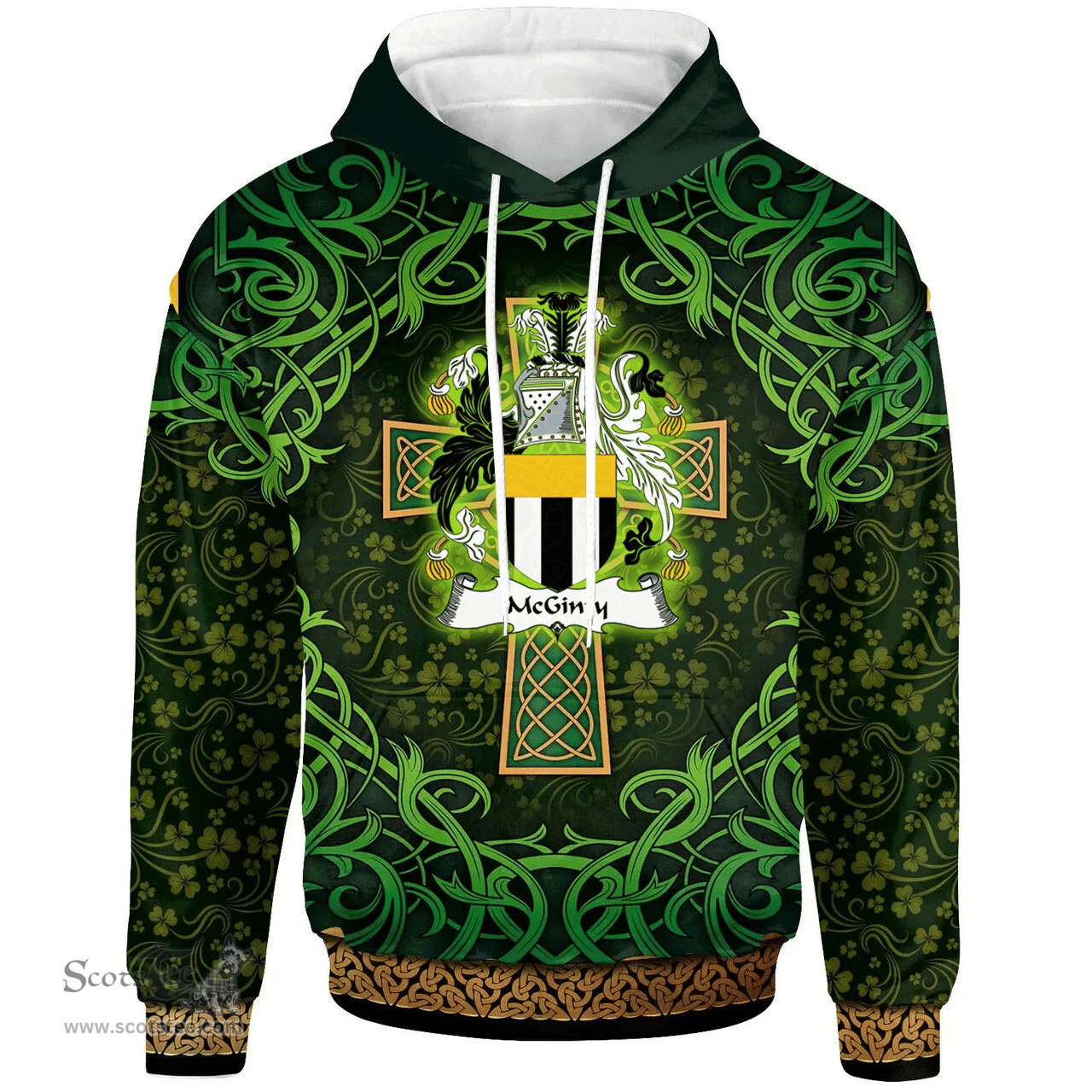 ScotsTee Shop Irish McGinty Coat of Arms Family Crest Ireland Hoodie Celtic Cross Shamrock Patterns