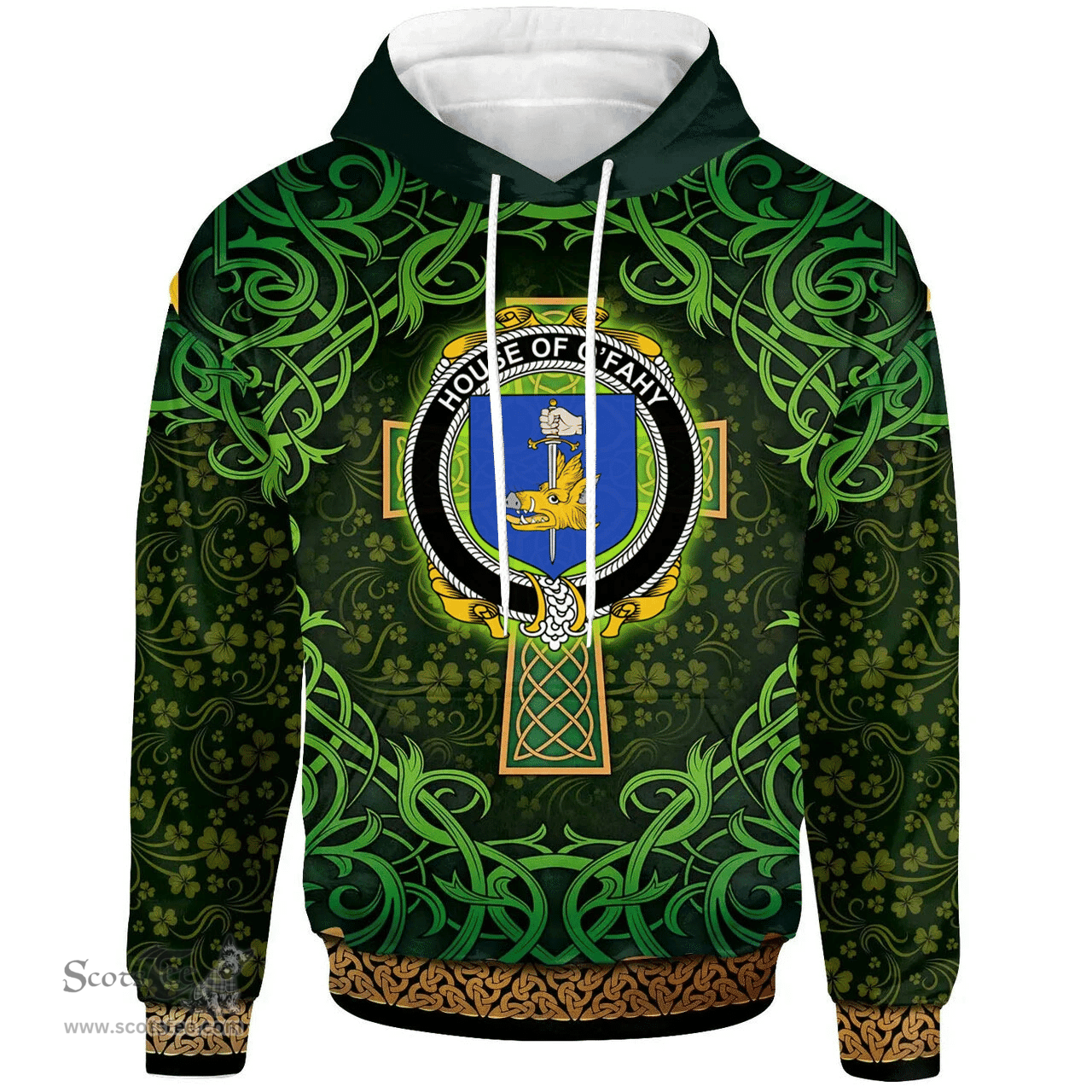 ScotsTee Shop Irish House of O'FAHY Coat of Arms Family Crest Ireland Hoodie Celtic Cross Shamrock Patterns