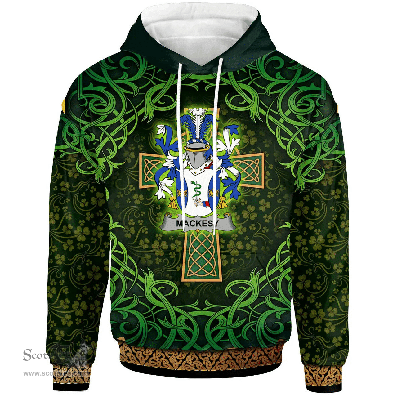 ScotsTee Shop Irish Mackesy Coat of Arms Family Crest Ireland Hoodie Celtic Cross Shamrock Patterns