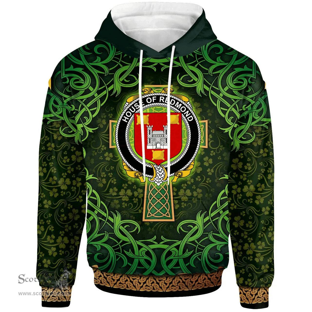 ScotsTee Shop Irish House of REDMOND Coat of Arms Family Crest Ireland Hoodie Celtic Cross Shamrock Patterns