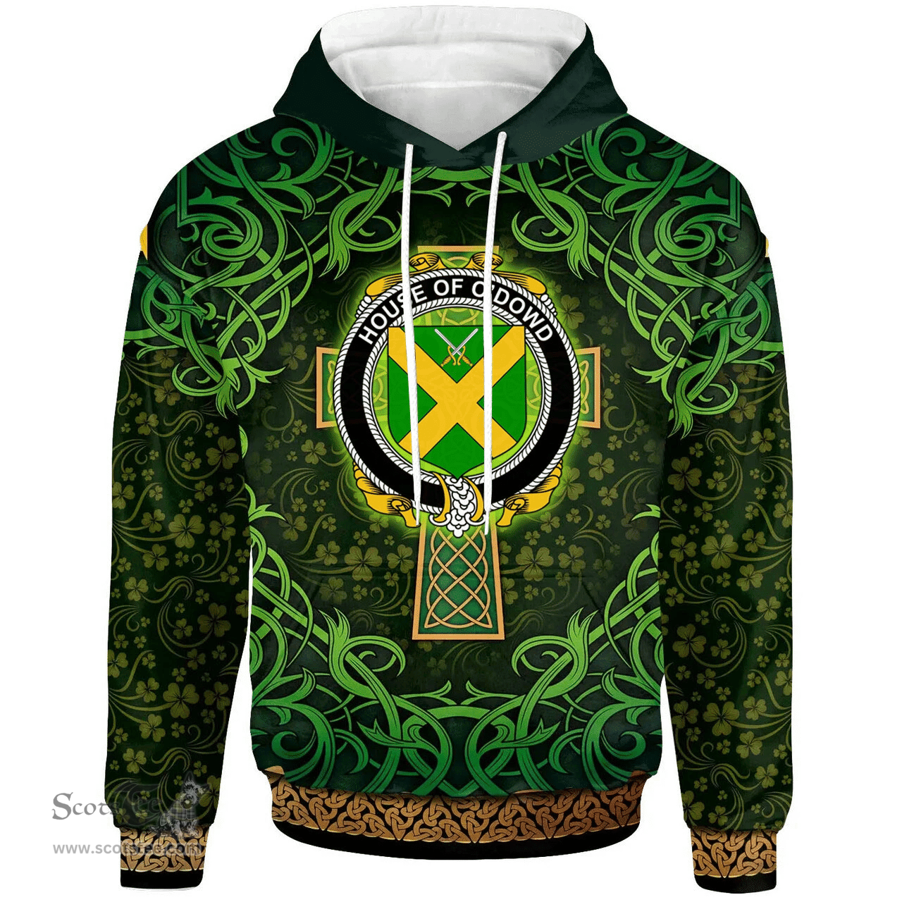 ScotsTee Shop Irish House of O'DOWD Coat of Arms Family Crest Ireland Hoodie Celtic Cross Shamrock Patterns