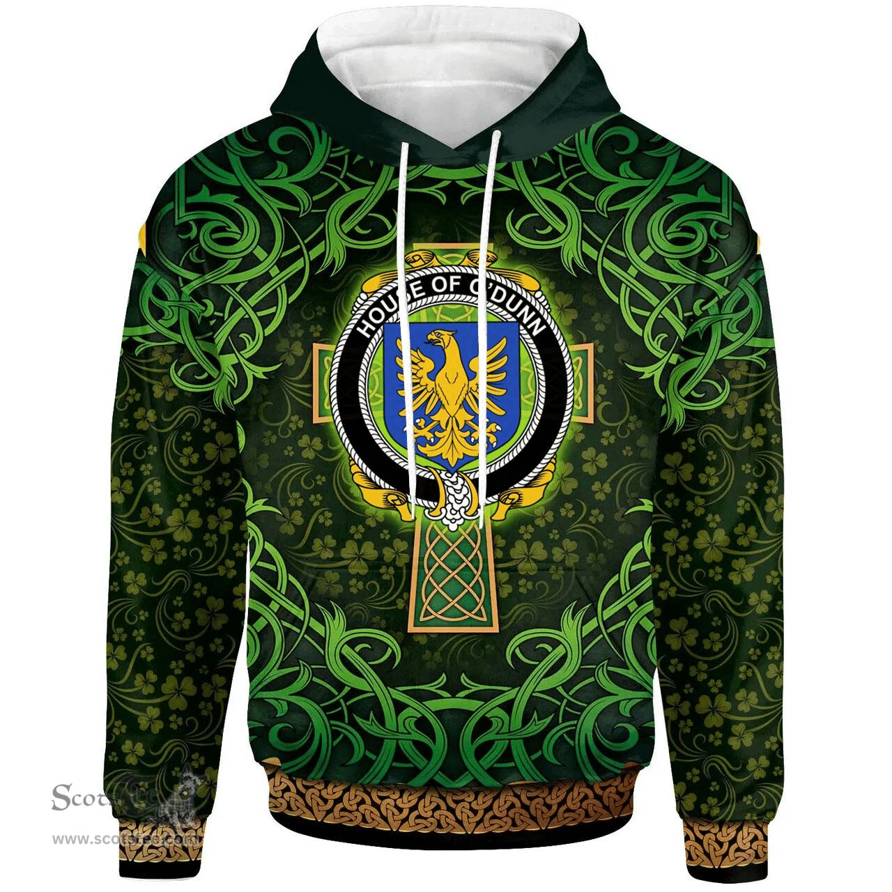 ScotsTee Shop Irish House of O'DUNN Coat of Arms Family Crest Ireland Hoodie Celtic Cross Shamrock Patterns