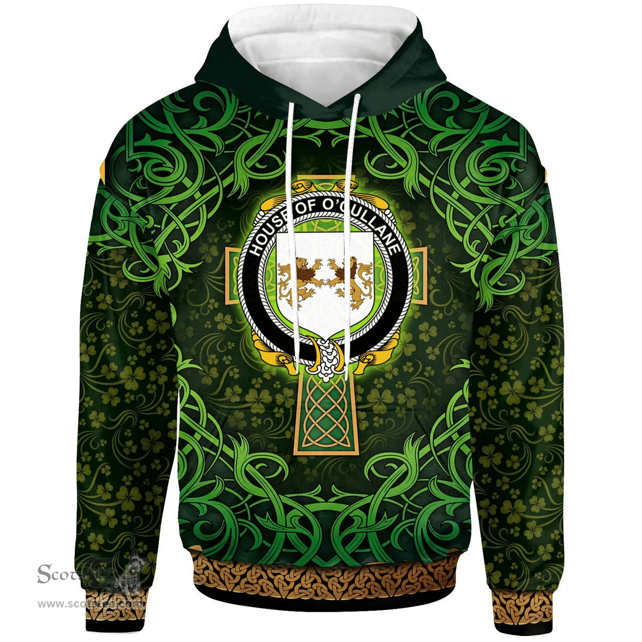 ScotsTee Shop Irish House of O'CULLANE (or Collins) Coat of Arms Family Crest Ireland Hoodie Celtic Cross Shamrock Patterns