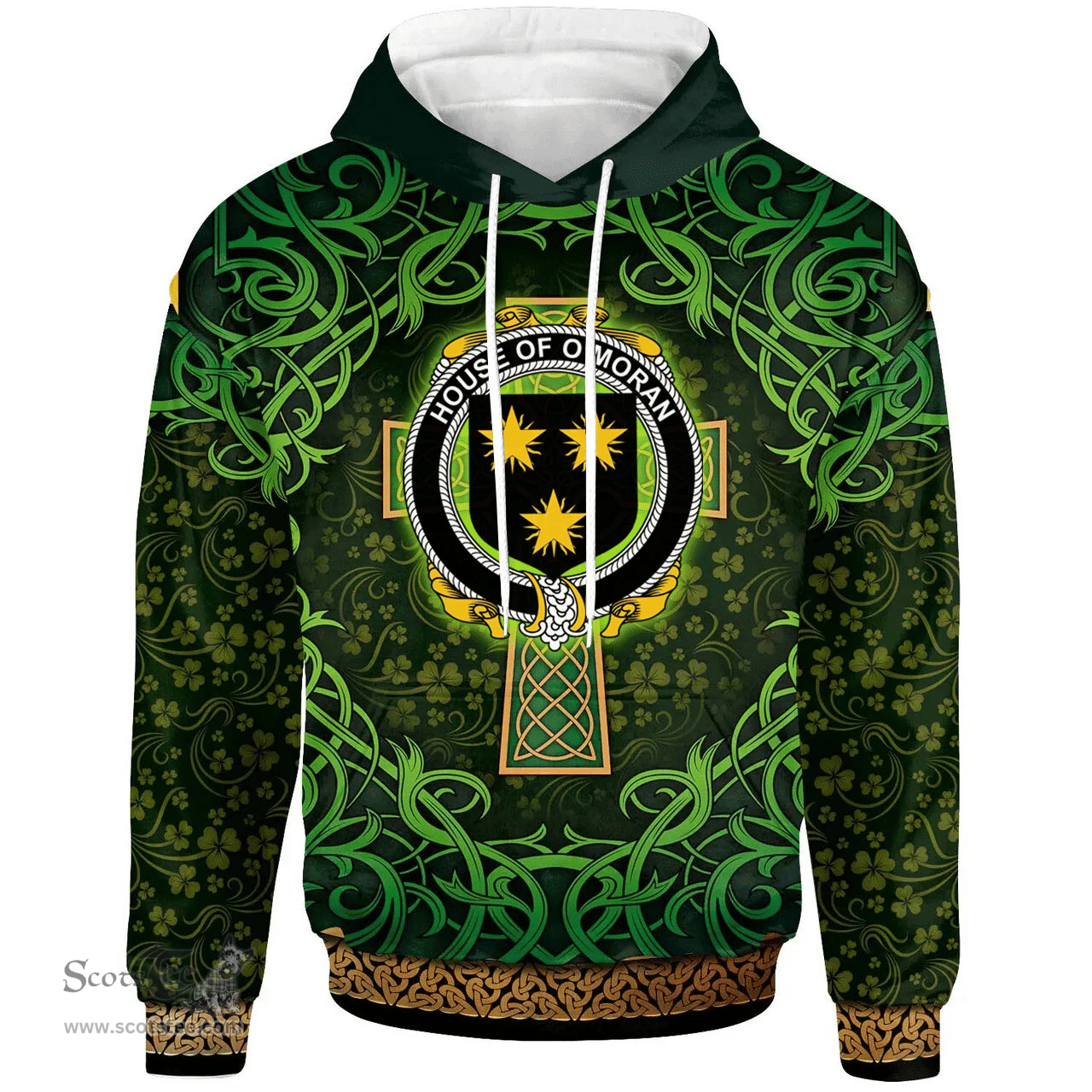ScotsTee Shop Irish House of O'MORAN Coat of Arms Family Crest Ireland Hoodie Celtic Cross Shamrock Patterns