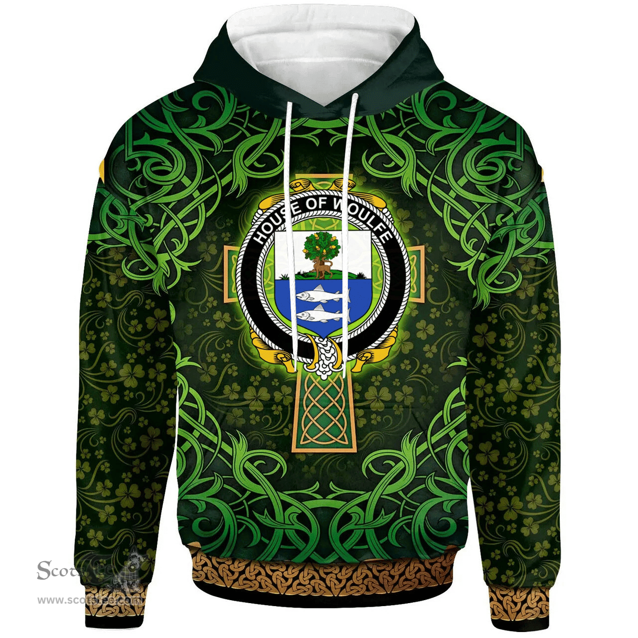 ScotsTee Shop Irish House of WOULFE Coat of Arms Family Crest Ireland Hoodie Celtic Cross Shamrock Patterns