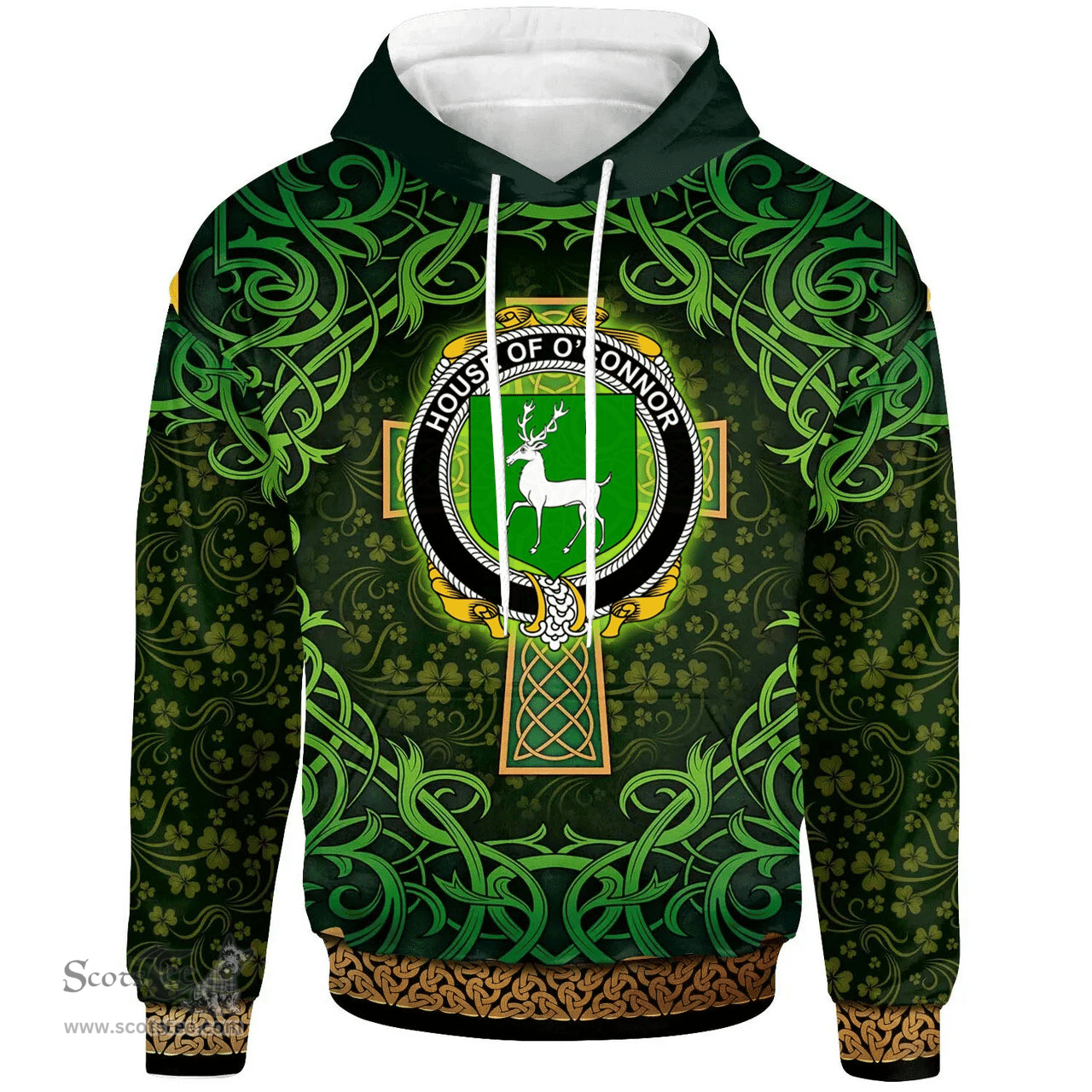 ScotsTee Shop Irish House of O'CONNOR (Corcomroe) Coat of Arms Family Crest Ireland Hoodie Celtic Cross Shamrock Patterns