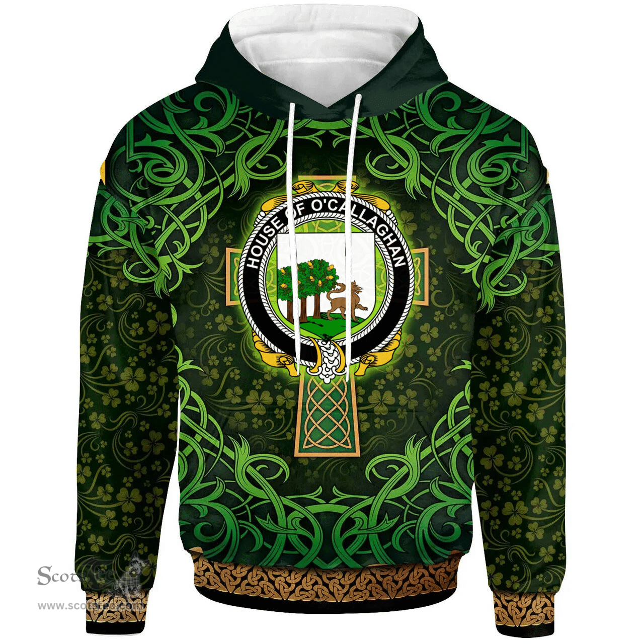 ScotsTee Shop Irish House of O'CALLAGHAN Coat of Arms Family Crest Ireland Hoodie Celtic Cross Shamrock Patterns