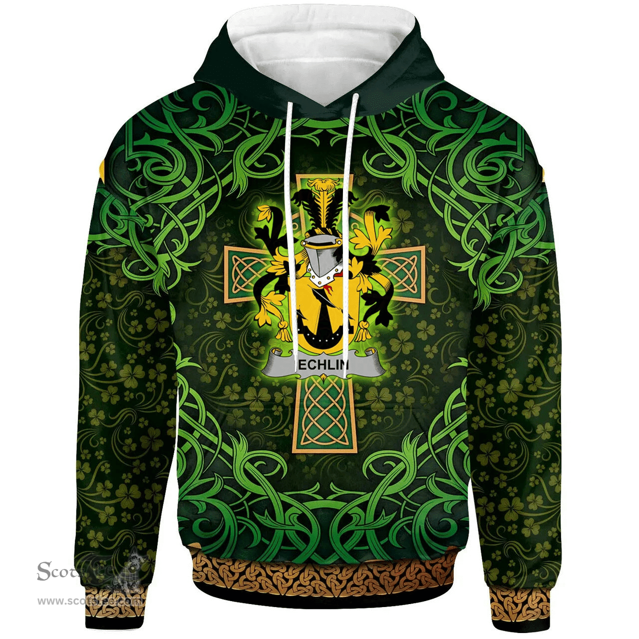 ScotsTee Shop Irish Echlin Coat of Arms Family Crest Ireland Hoodie Celtic Cross Shamrock Patterns