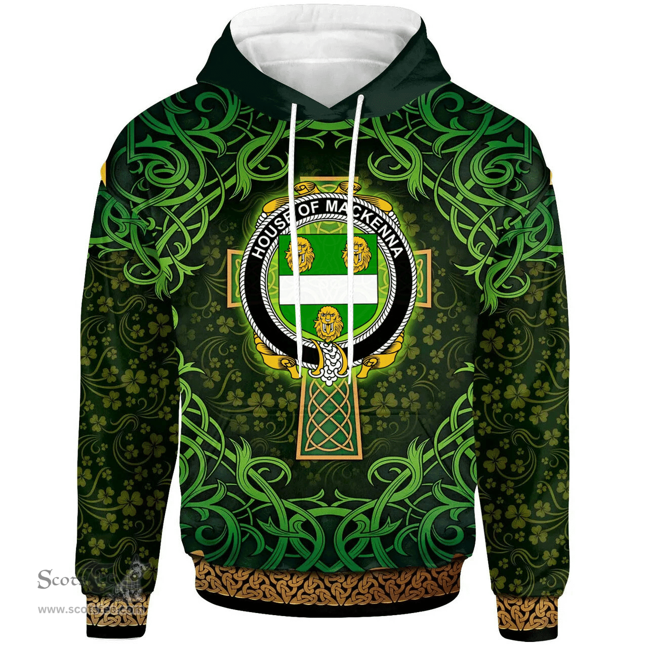 ScotsTee Shop Irish House of MACKENNA Coat of Arms Family Crest Ireland Hoodie Celtic Cross Shamrock Patterns