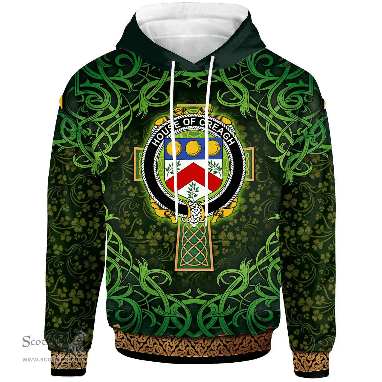 ScotsTee Shop Irish House of CREAGH Coat of Arms Family Crest Ireland Hoodie Celtic Cross Shamrock Patterns