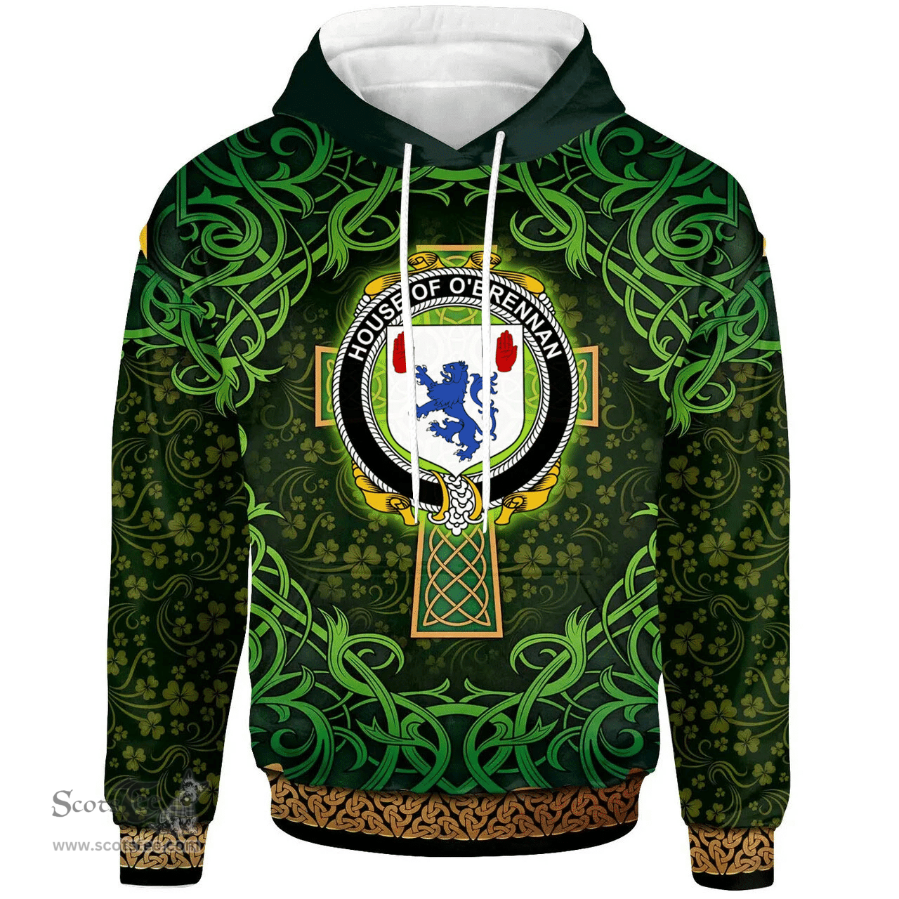 ScotsTee Shop Irish House of O'BRENNAN (Connacht) Coat of Arms Family Crest Ireland Hoodie Celtic Cross Shamrock Patterns