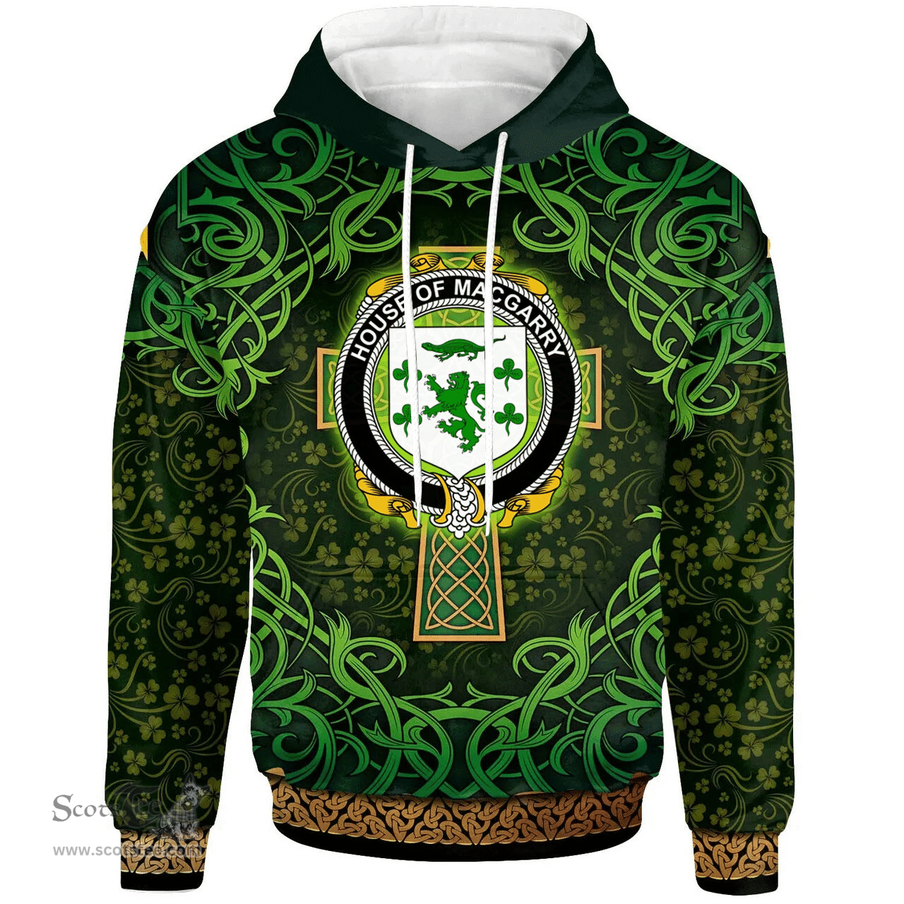 ScotsTee Shop Irish House of MACGARRY Coat of Arms Family Crest Ireland Hoodie Celtic Cross Shamrock Patterns
