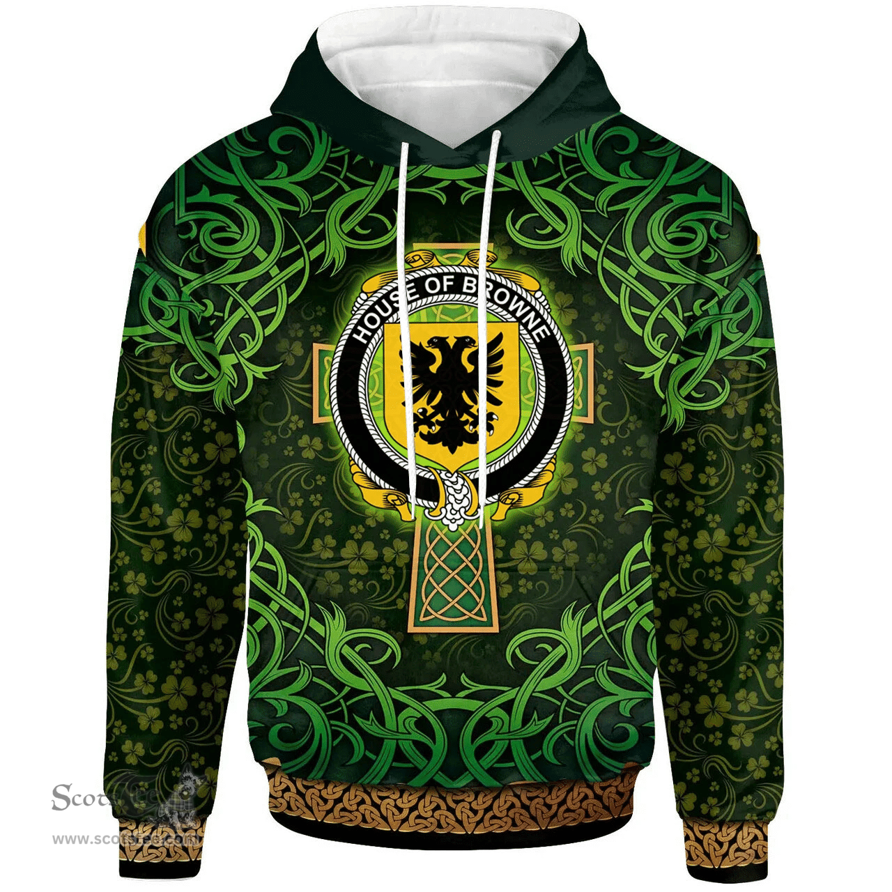 ScotsTee Shop Irish House of BROWNE Coat of Arms Family Crest Ireland Hoodie Celtic Cross Shamrock Patterns