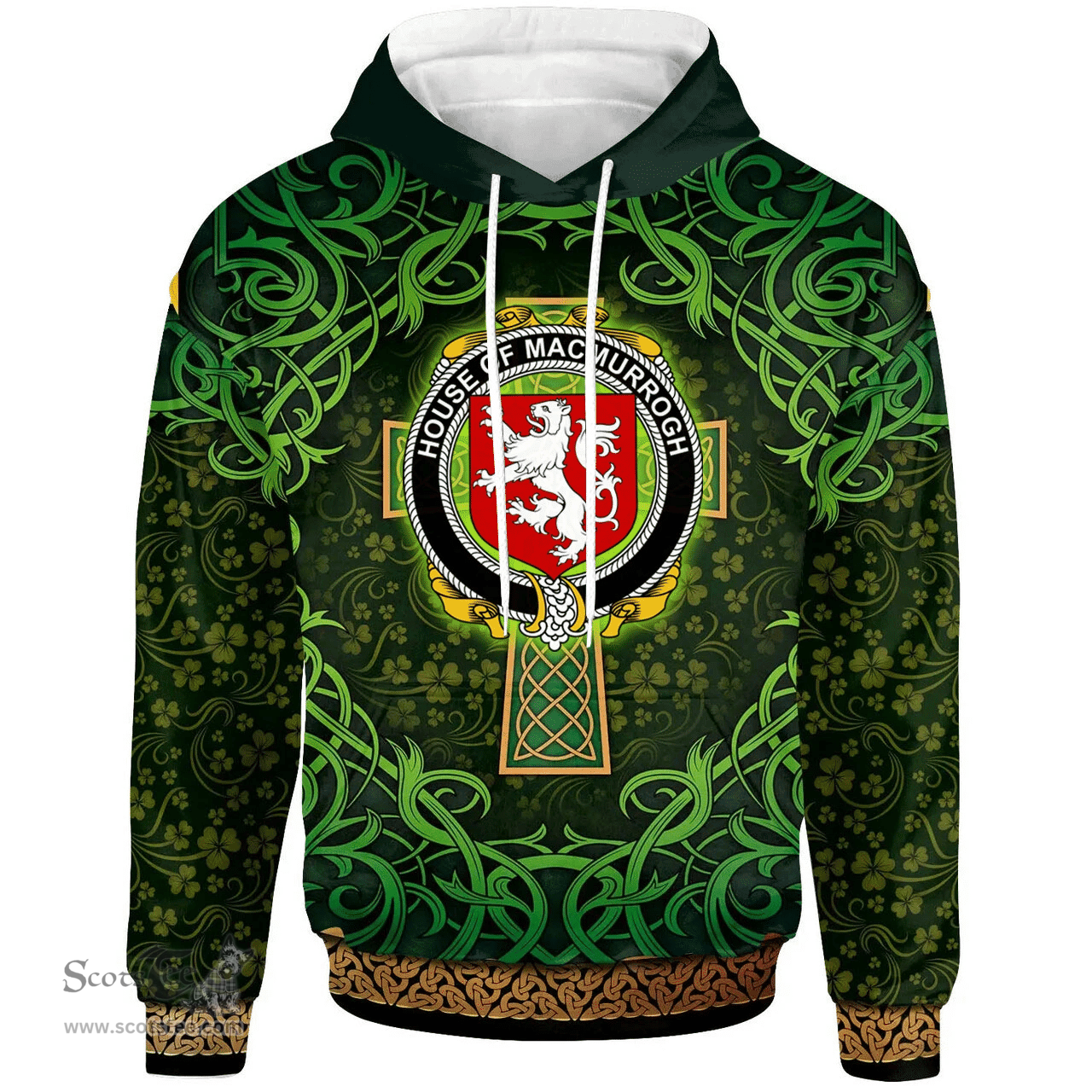ScotsTee Shop Irish House of MACMURROGH Coat of Arms Family Crest Ireland Hoodie Celtic Cross Shamrock Patterns