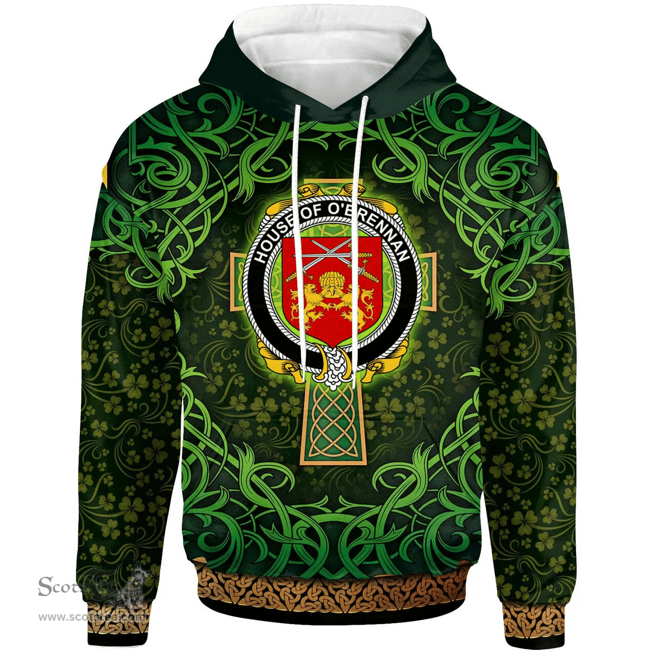 ScotsTee Shop Irish House of O'BRENNAN (Ossory) Coat of Arms Family Crest Ireland Hoodie Celtic Cross Shamrock Patterns