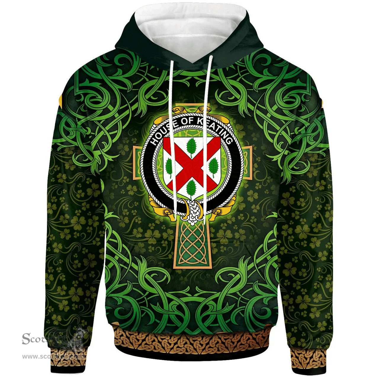 ScotsTee Shop Irish House of KEATING Coat of Arms Family Crest Ireland Hoodie Celtic Cross Shamrock Patterns