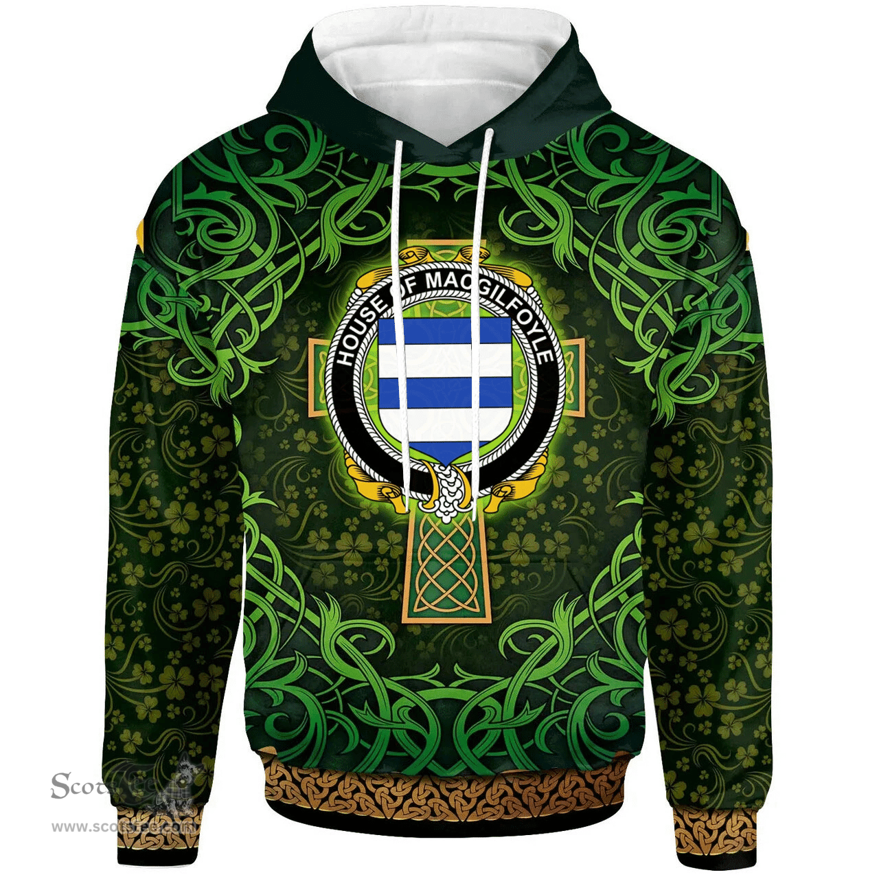 ScotsTee Shop Irish House of MACGILFOYLE Coat of Arms Family Crest Ireland Hoodie Celtic Cross Shamrock Patterns