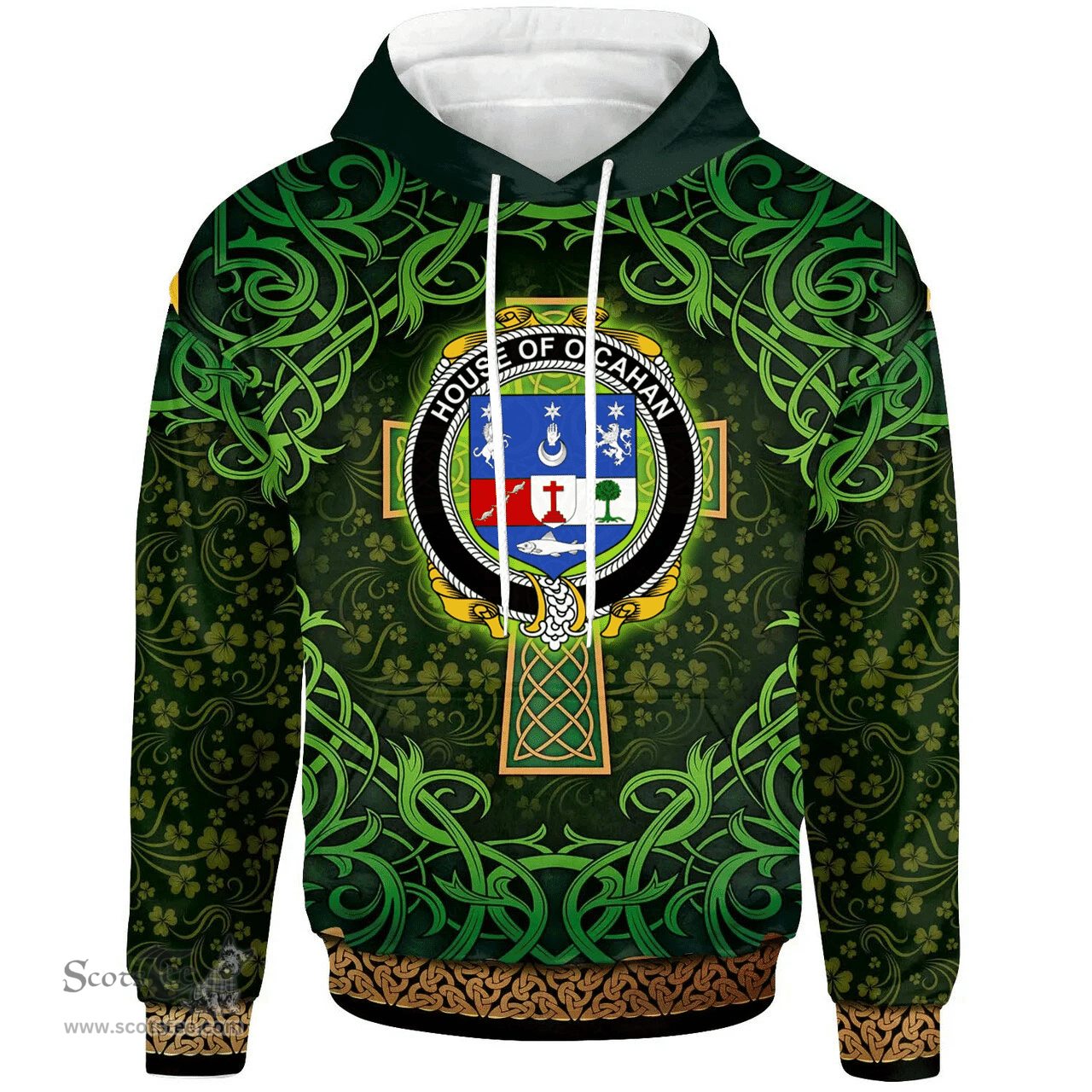 ScotsTee Shop Irish House of O'CAHAN (KEANE) Coat of Arms Family Crest Ireland Hoodie Celtic Cross Shamrock Patterns
