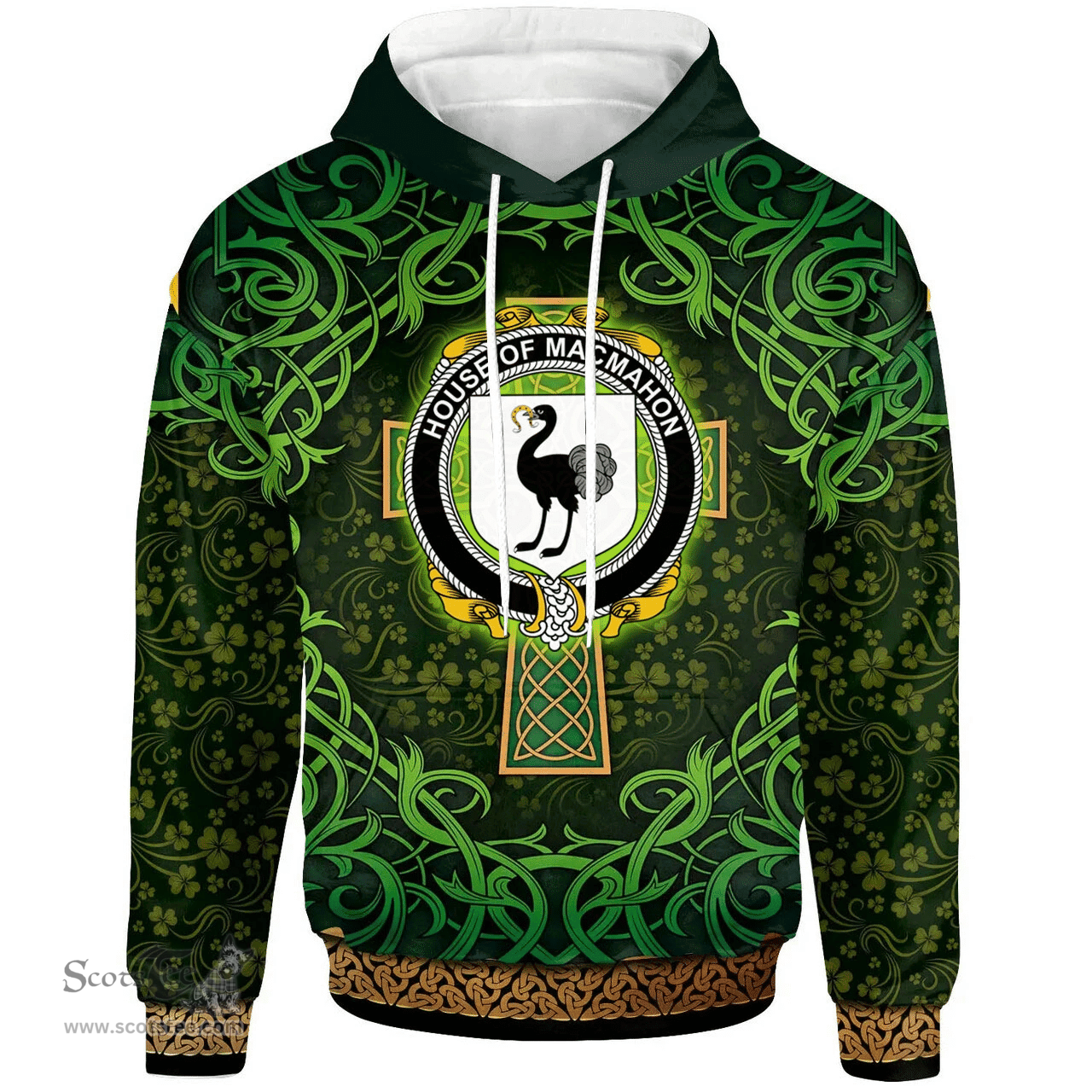 ScotsTee Shop Irish House of MACMAHON (Oriel) Coat of Arms Family Crest Ireland Hoodie Celtic Cross Shamrock Patterns