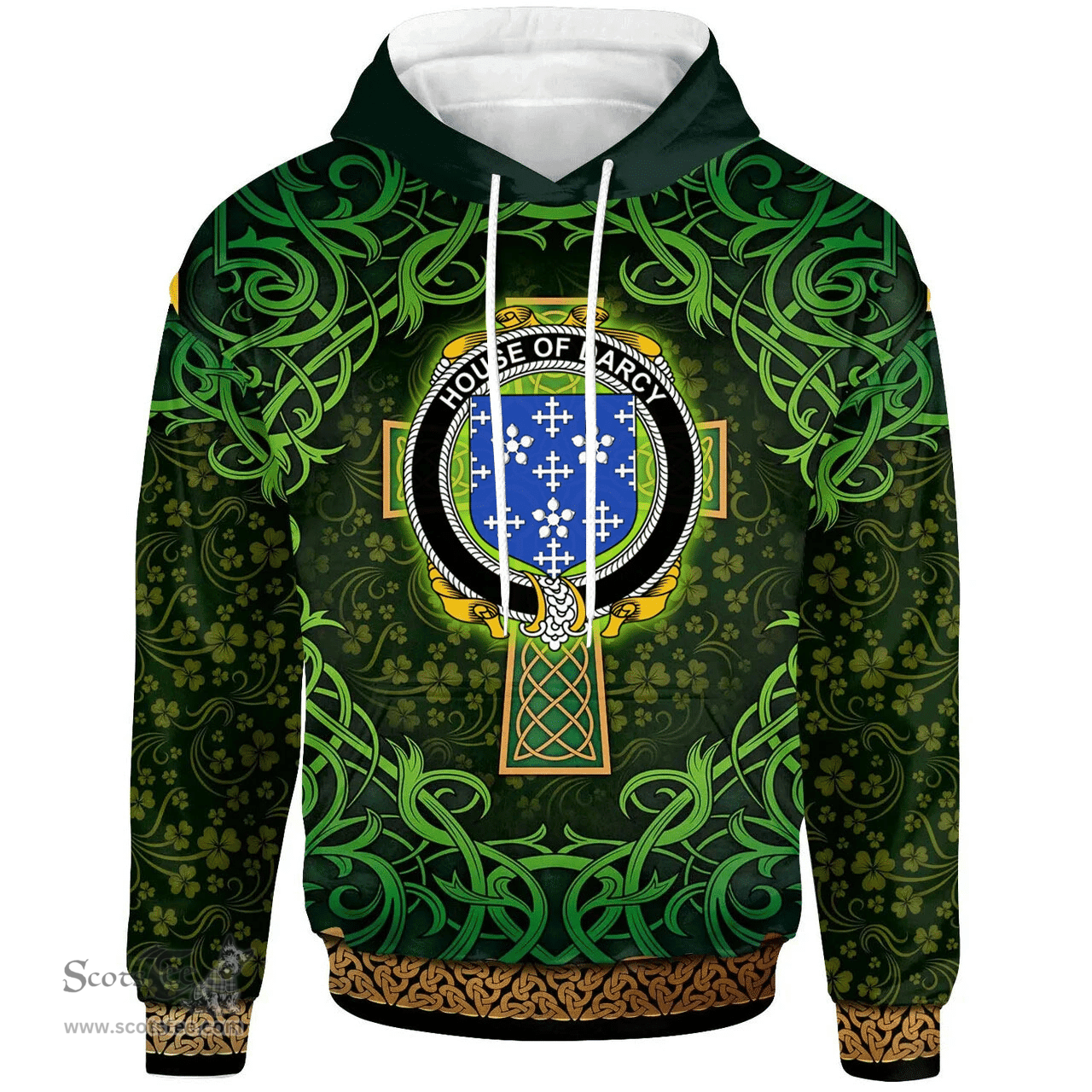 ScotsTee Shop Irish House of DARCY Coat of Arms Family Crest Ireland Hoodie Celtic Cross Shamrock Patterns