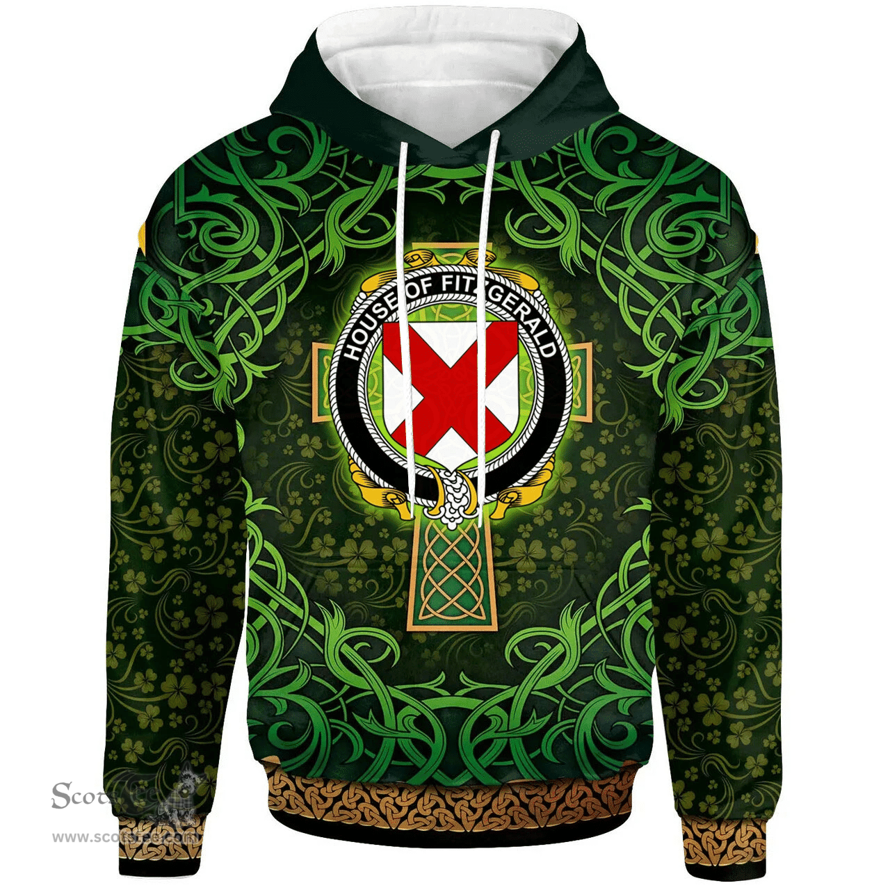 ScotsTee Shop Irish House of FITZGERALD Coat of Arms Family Crest Ireland Hoodie Celtic Cross Shamrock Patterns