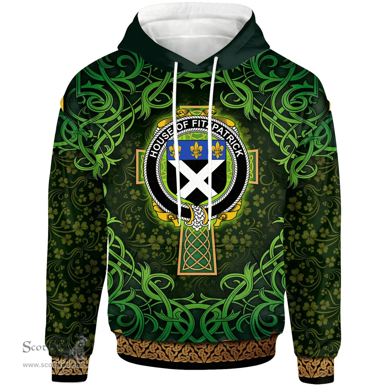 ScotsTee Shop Irish House of FITZPATRICK Coat of Arms Family Crest Ireland Hoodie Celtic Cross Shamrock Patterns