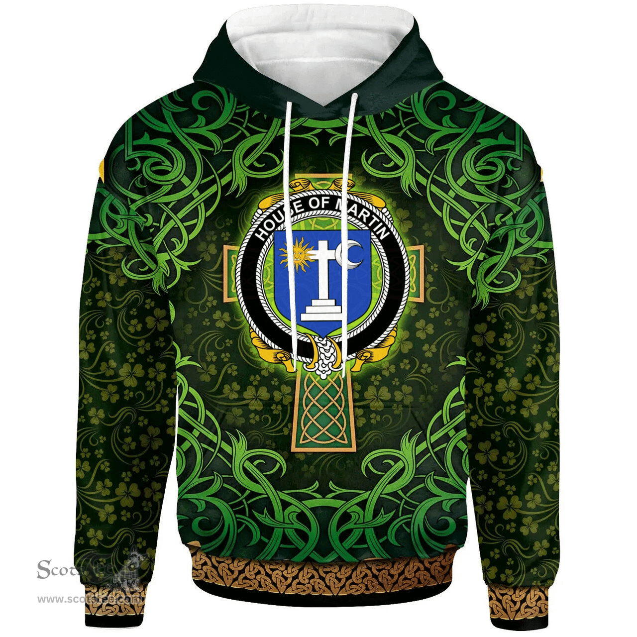 ScotsTee Shop Irish House of MARTIN Coat of Arms Family Crest Ireland Hoodie Celtic Cross Shamrock Patterns