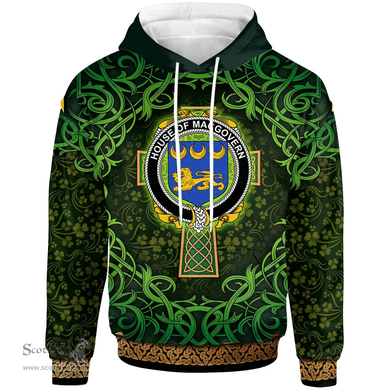ScotsTee Shop Irish House of MACGOVERN Coat of Arms Family Crest Ireland Hoodie Celtic Cross Shamrock Patterns