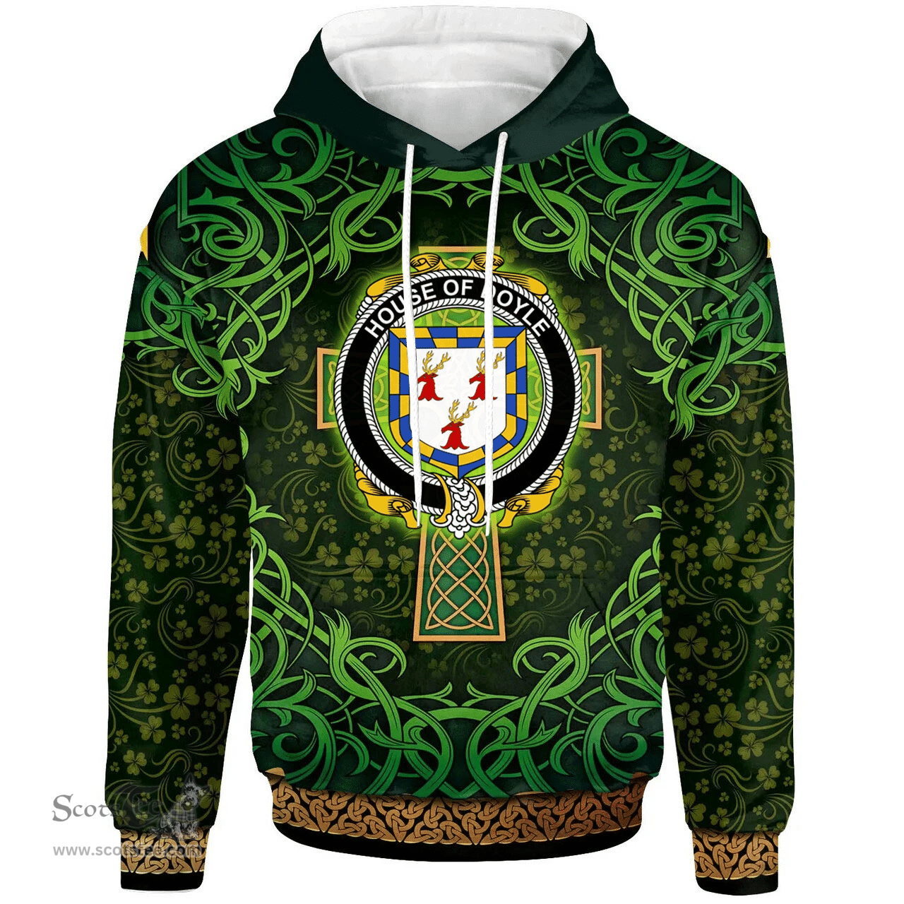 ScotsTee Shop Irish House of DOYLE Coat of Arms Family Crest Ireland Hoodie Celtic Cross Shamrock Patterns