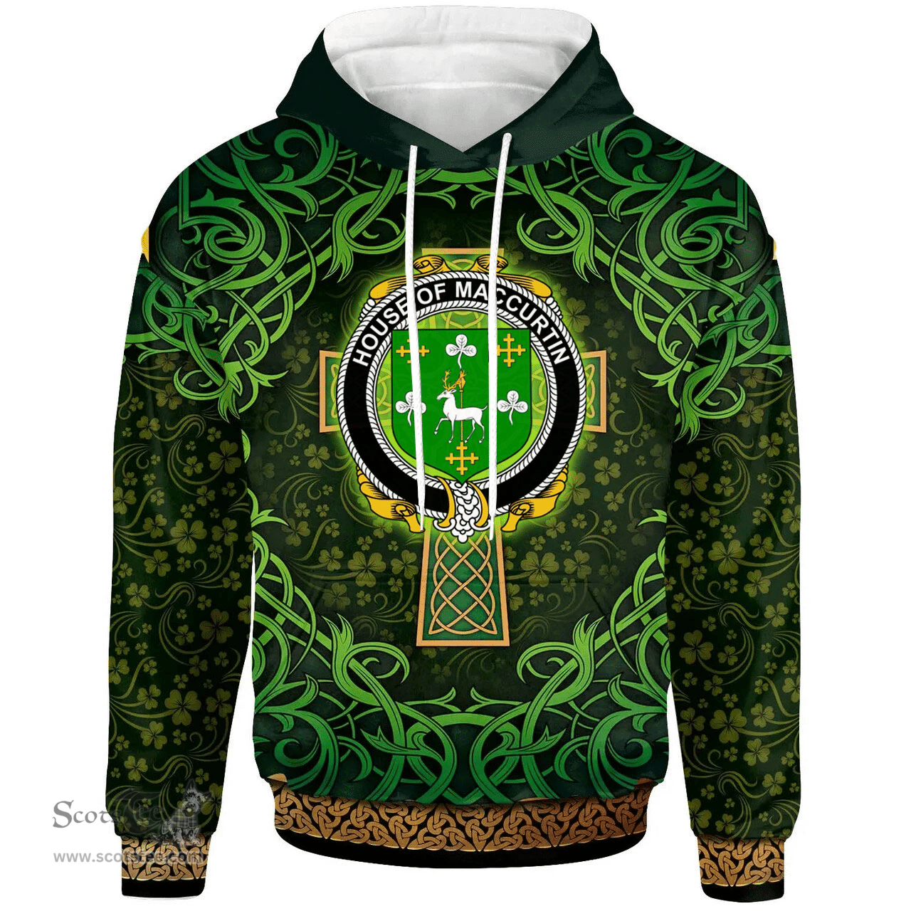 ScotsTee Shop Irish House of MACCURTIN Coat of Arms Family Crest Ireland Hoodie Celtic Cross Shamrock Patterns