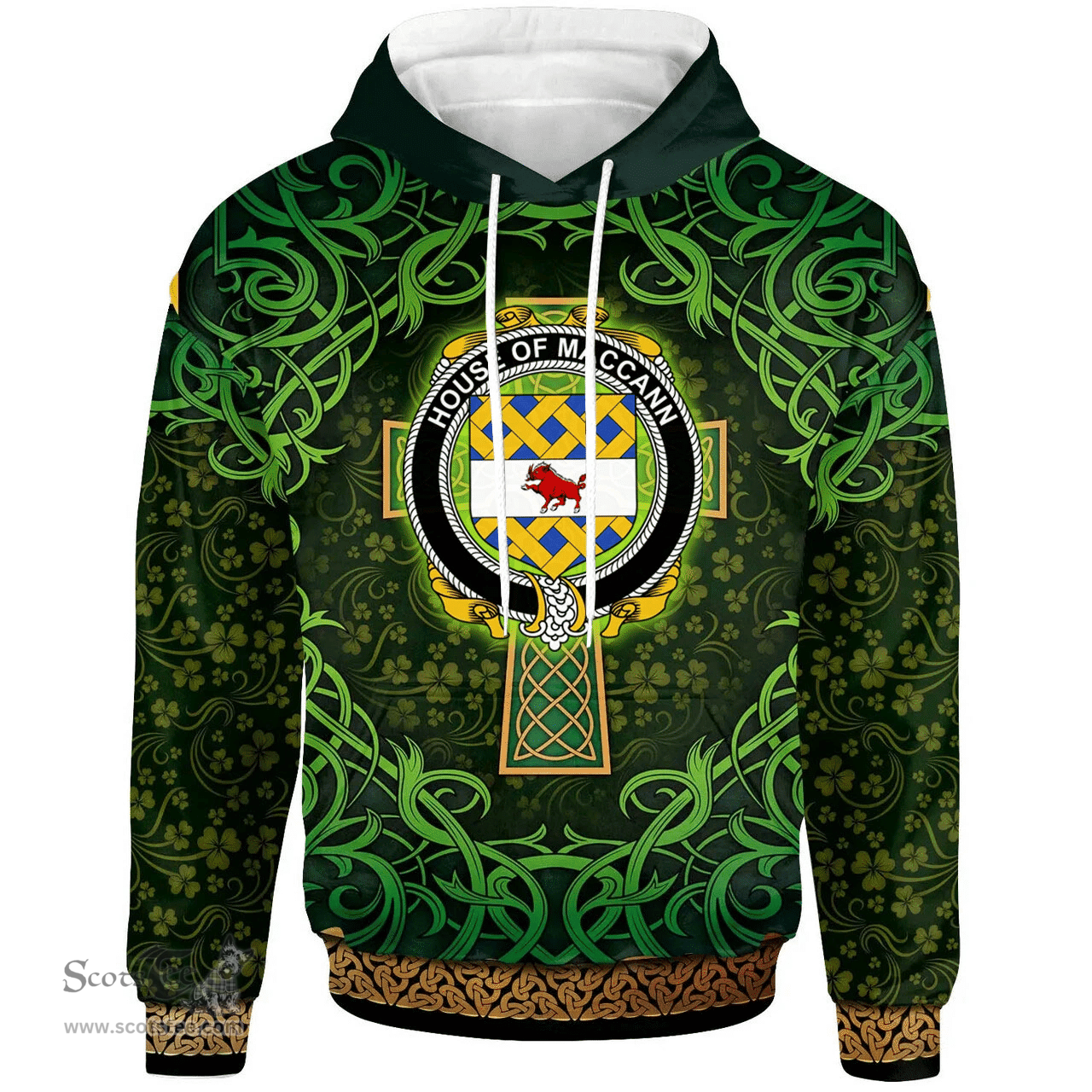 ScotsTee Shop Irish House of MACCANN Coat of Arms Family Crest Ireland Hoodie Celtic Cross Shamrock Patterns