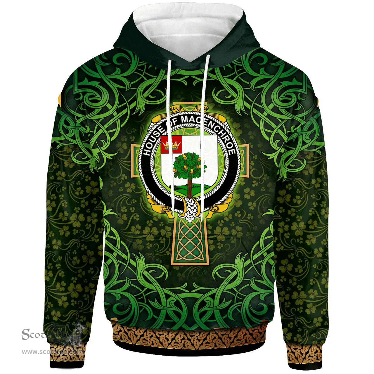 ScotsTee Shop Irish House of MACENCHROE Coat of Arms Family Crest Ireland Hoodie Celtic Cross Shamrock Patterns