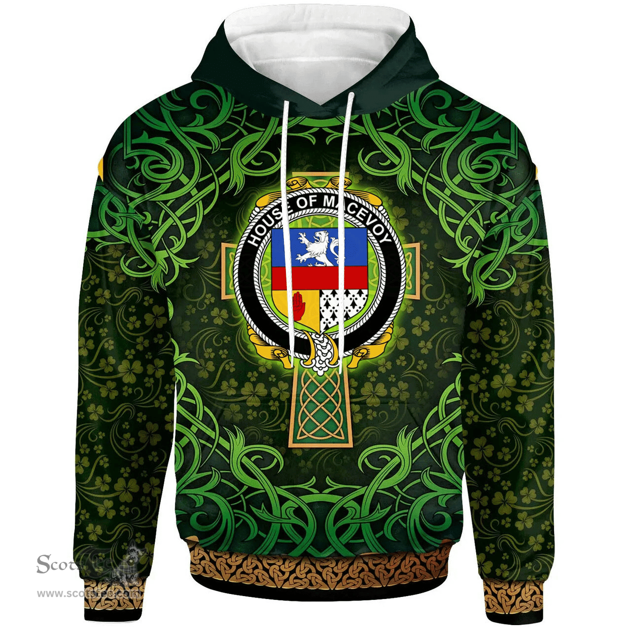 ScotsTee Shop Irish House of MACEVOY Coat of Arms Family Crest Ireland Hoodie Celtic Cross Shamrock Patterns