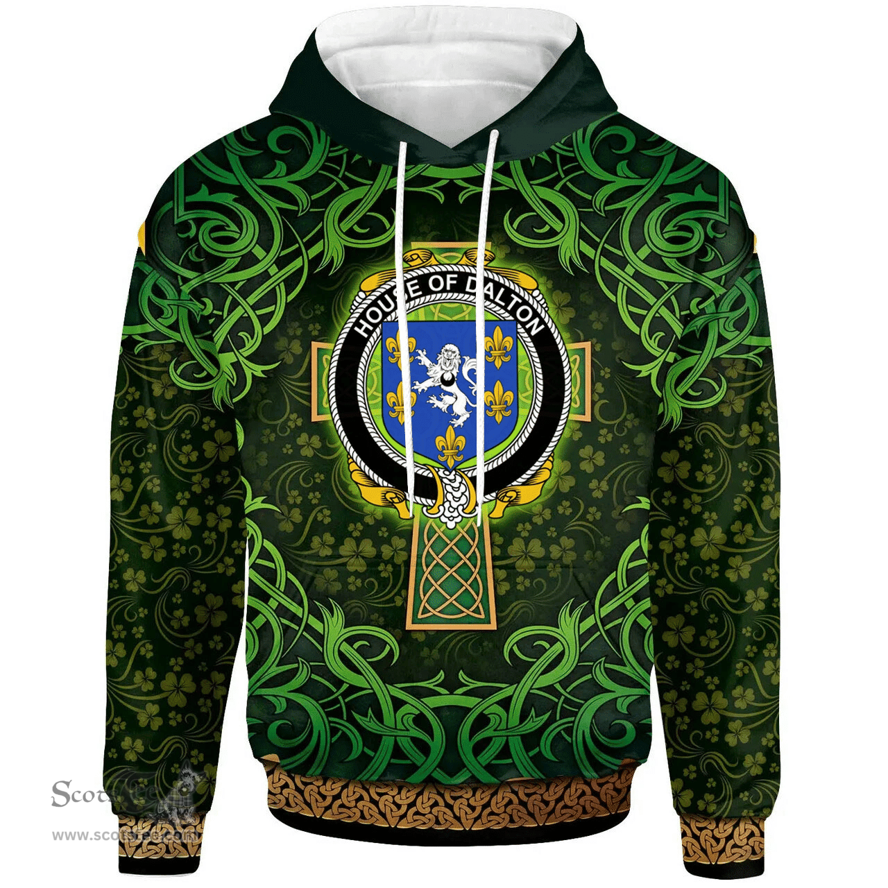 ScotsTee Shop Irish House of DALTON Coat of Arms Family Crest Ireland Hoodie Celtic Cross Shamrock Patterns