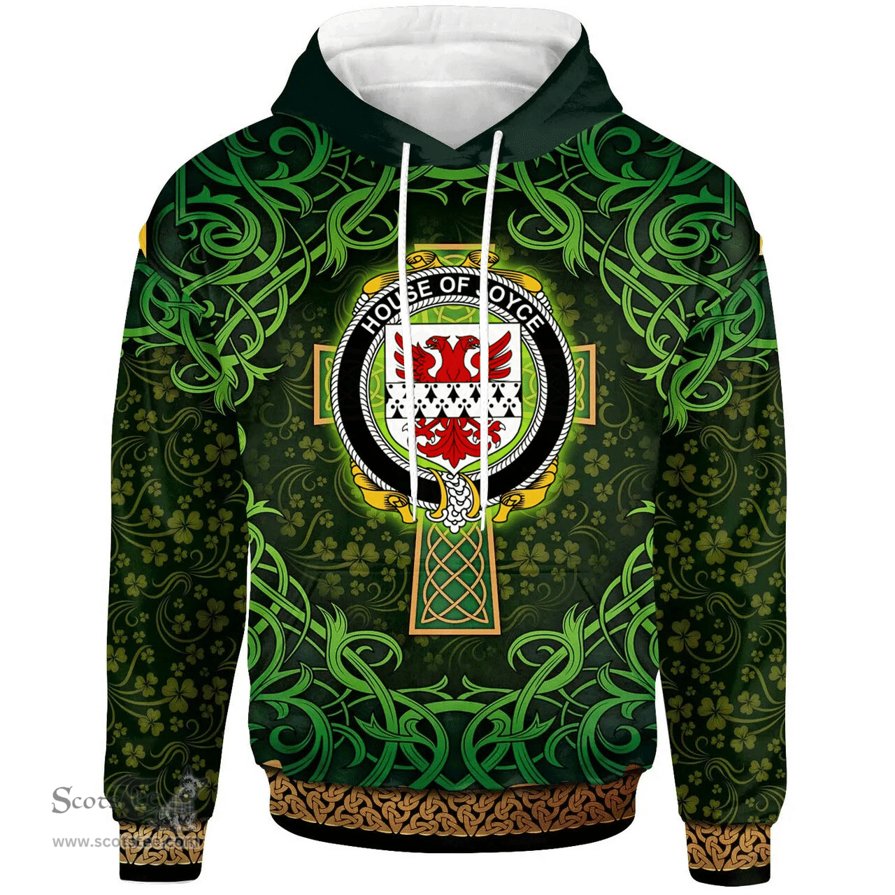 ScotsTee Shop Irish House of JOYCE Coat of Arms Family Crest Ireland Hoodie Celtic Cross Shamrock Patterns