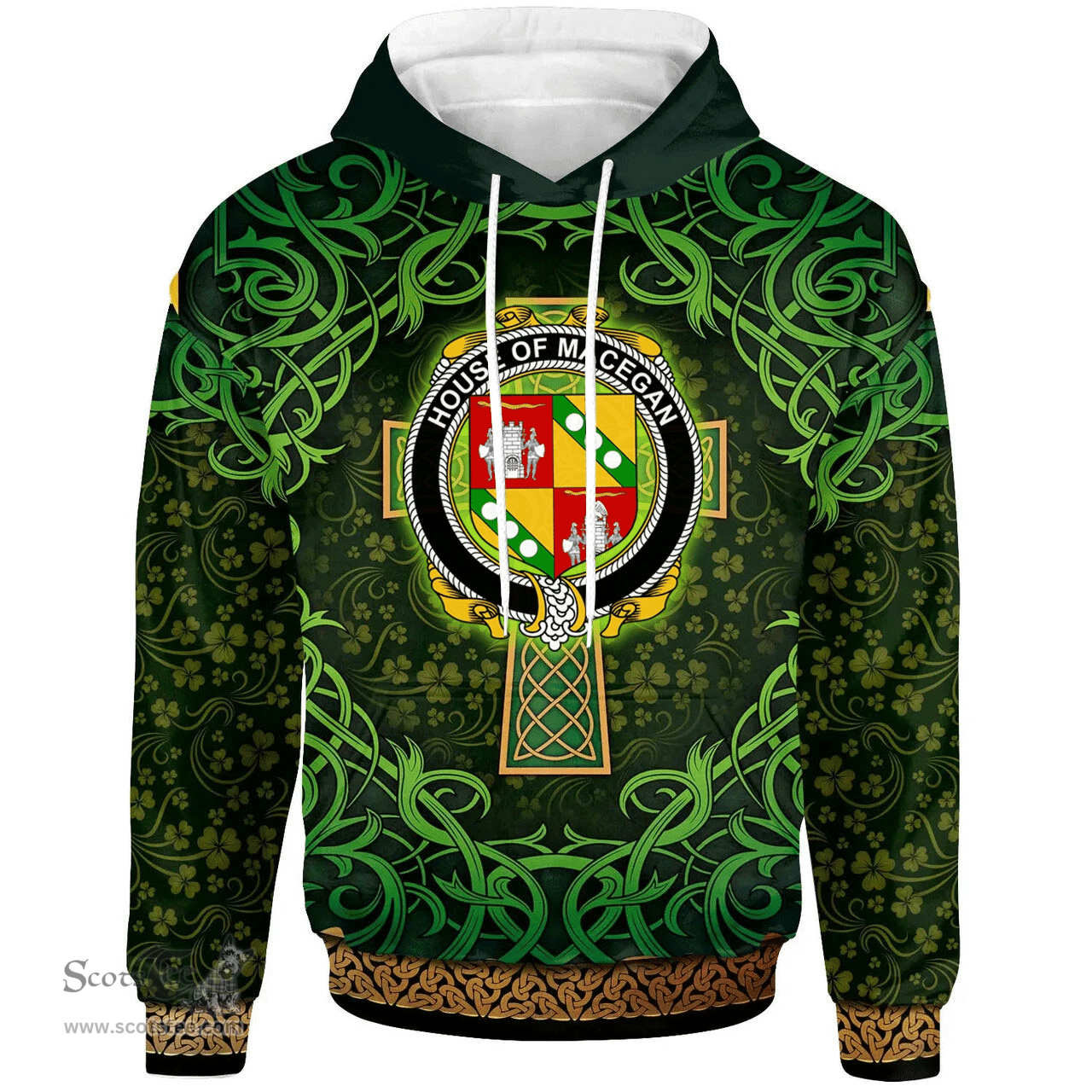 ScotsTee Shop Irish House of MACEGAN Coat of Arms Family Crest Ireland Hoodie Celtic Cross Shamrock Patterns