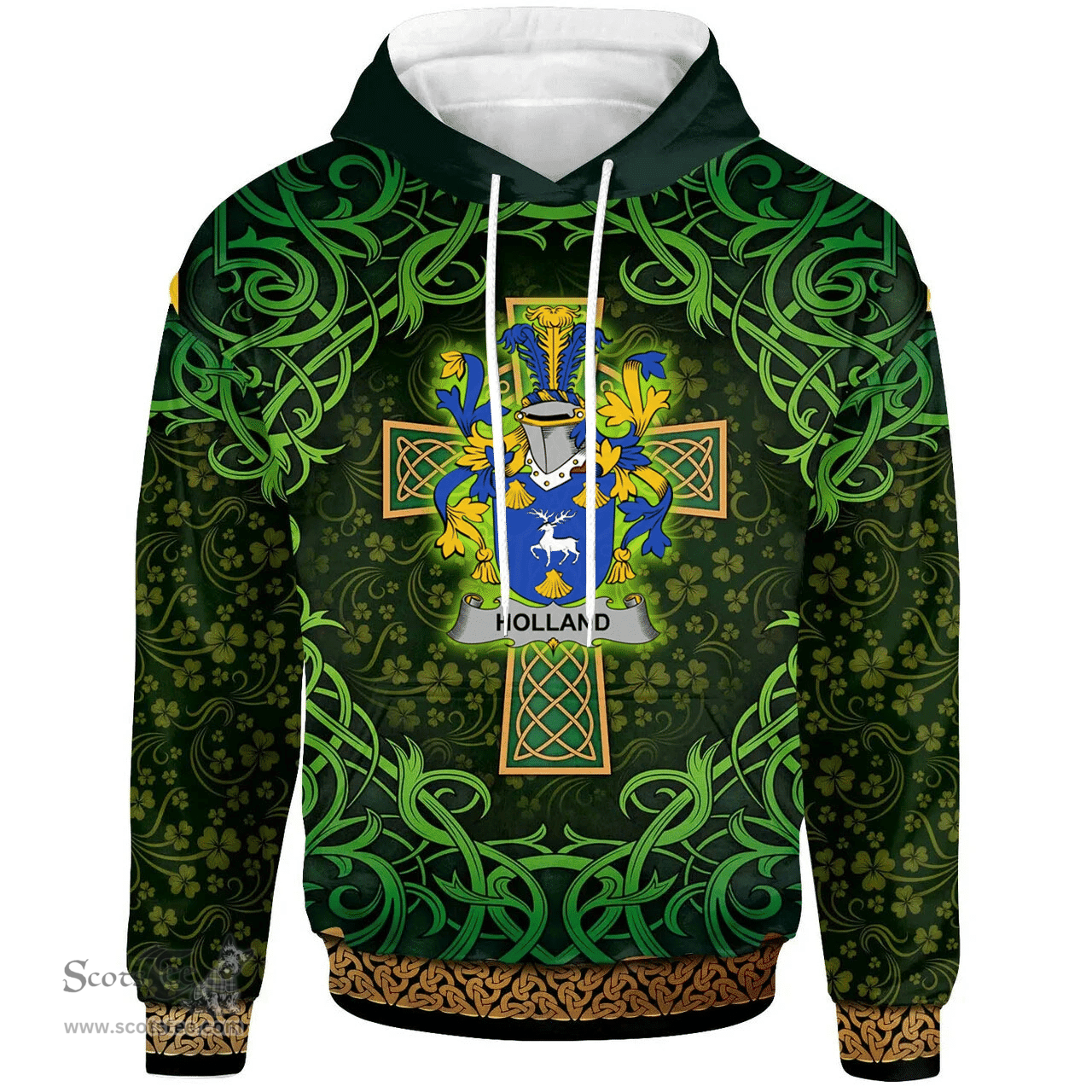 ScotsTee Shop Irish Holland Coat of Arms Family Crest Ireland Hoodie Celtic Cross Shamrock Patterns