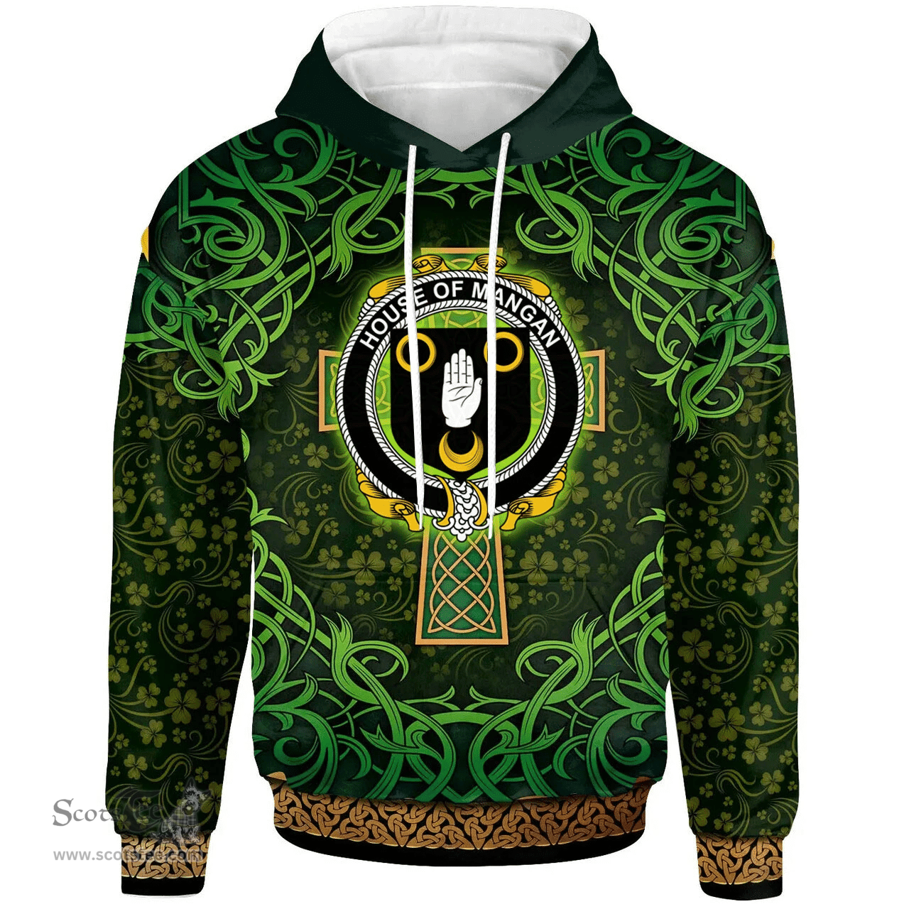 ScotsTee Shop Irish House of MANGAN Coat of Arms Family Crest Ireland Hoodie Celtic Cross Shamrock Patterns