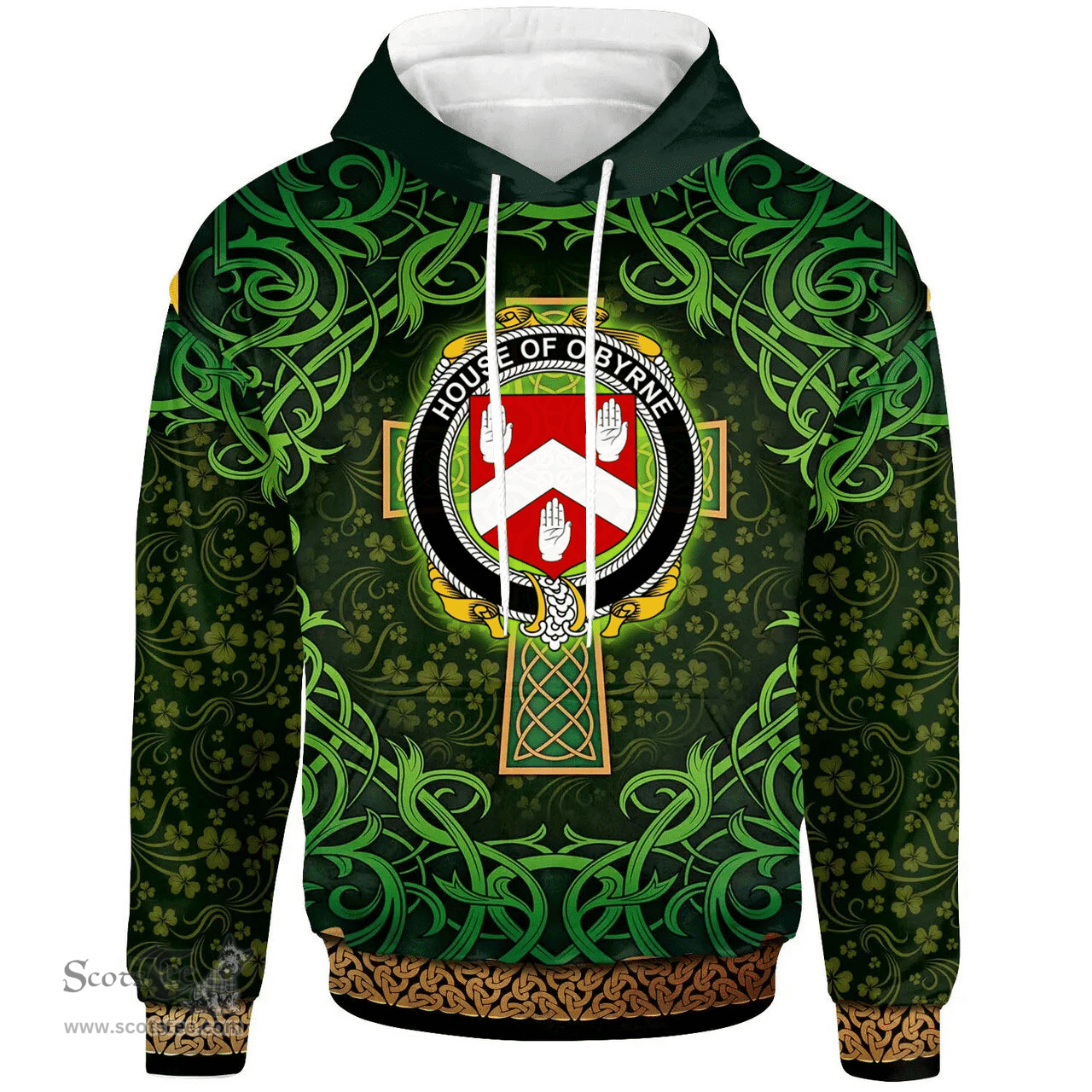 ScotsTee Shop Irish House of O'BYRNE Coat of Arms Family Crest Ireland Hoodie Celtic Cross Shamrock Patterns