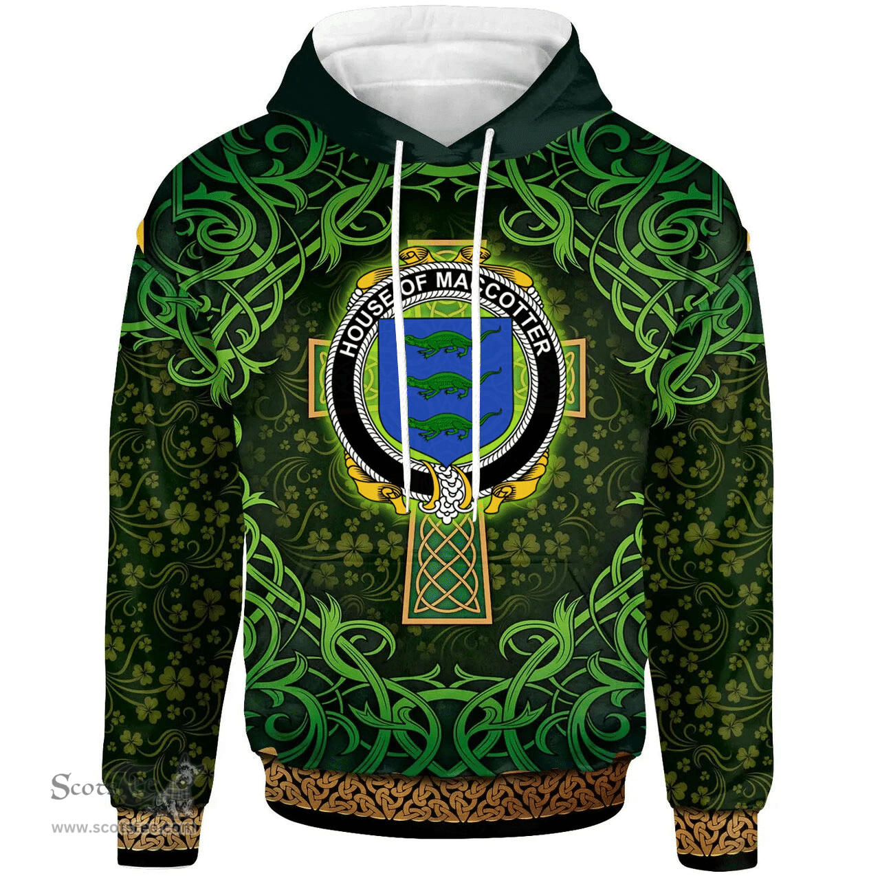 ScotsTee Shop Irish House of MACCOTTER Coat of Arms Family Crest Ireland Hoodie Celtic Cross Shamrock Patterns