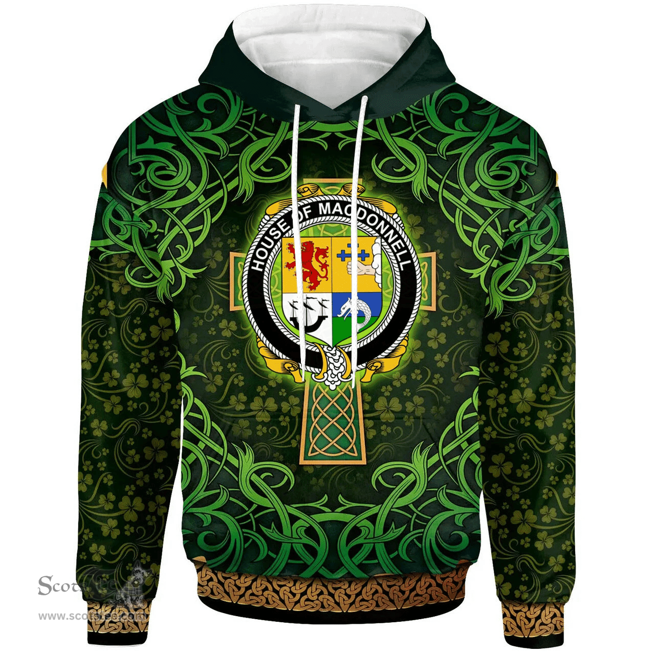 ScotsTee Shop Irish House of MACDONNELL (of the Glens) Coat of Arms Family Crest Ireland Hoodie Celtic Cross Shamrock Patterns
