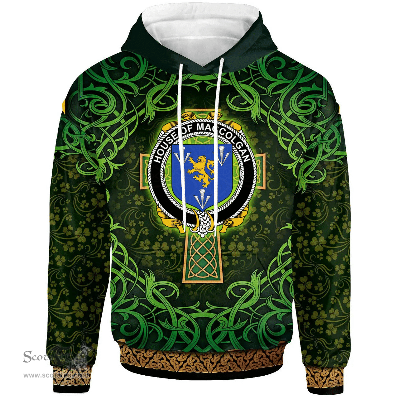 ScotsTee Shop Irish House of MACCOLGAN Coat of Arms Family Crest Ireland Hoodie Celtic Cross Shamrock Patterns
